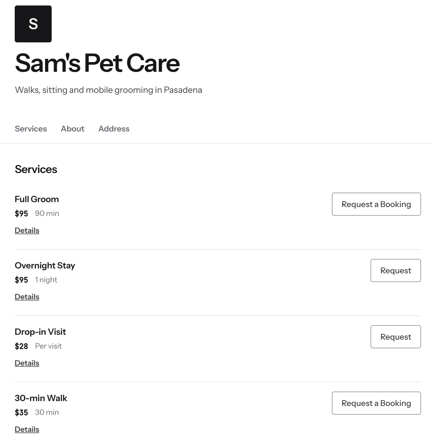 A Reeve booking page for Sam's Pet Care, listing a full groom, an overnight stay, a drop-in visit and a 30-minute walk with prices