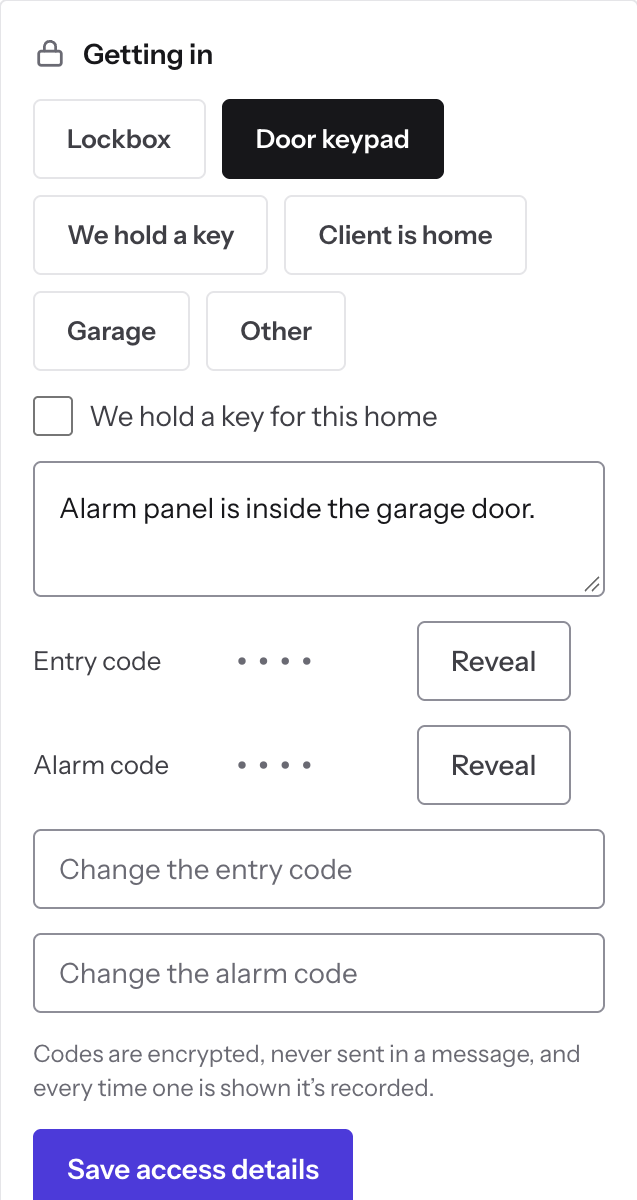 Reeve's Getting in card for a client's home: door keypad, a note about the alarm panel, and the entry and alarm codes hidden behind Reveal