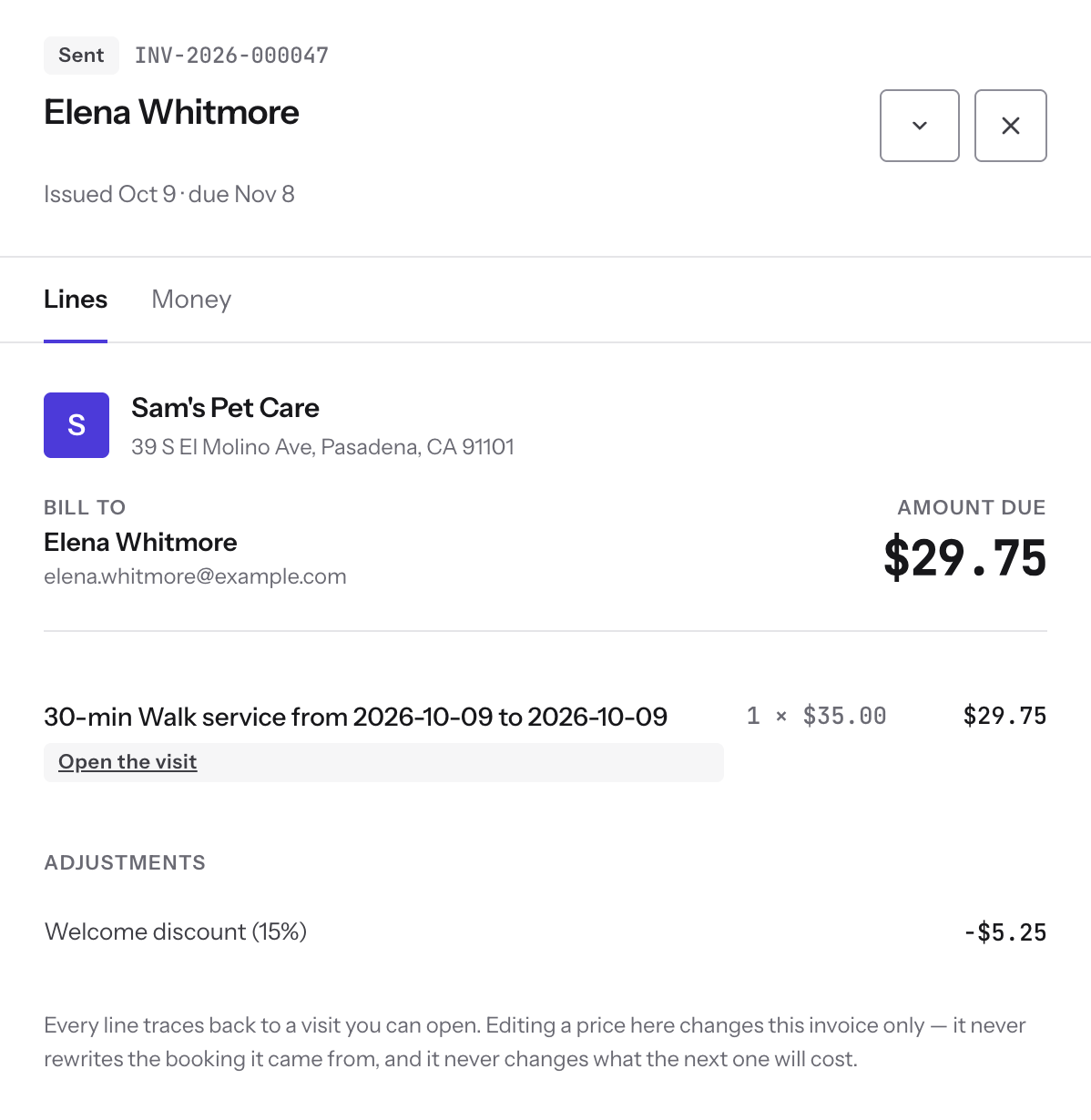 A Reeve invoice for Elena Whitmore: a 30-minute walk with a 15% welcome discount applied automatically, $29.75 due