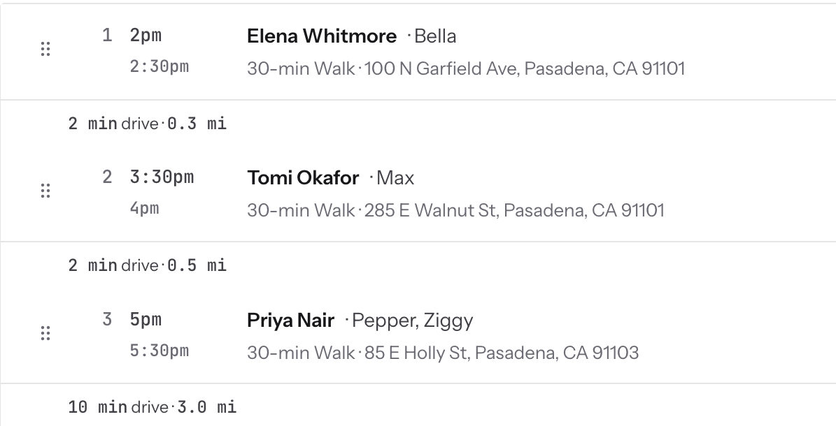Reeve's day plan: walks in drive order, with the minutes and miles of driving between each stop