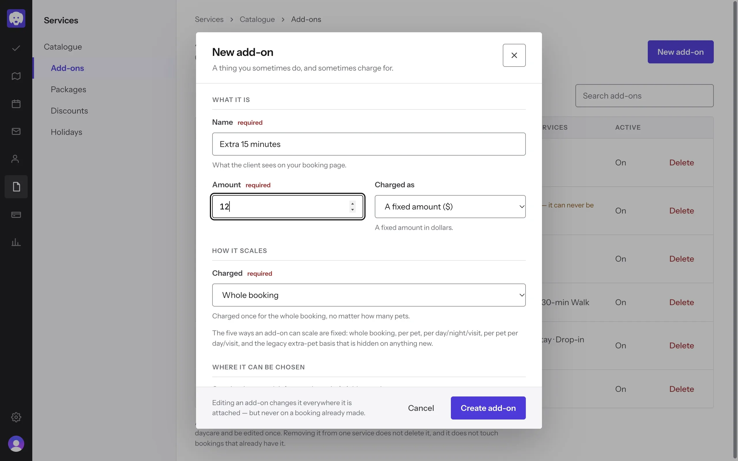 New add-on: Extra 15 minutes, $12, charged once for the whole booking