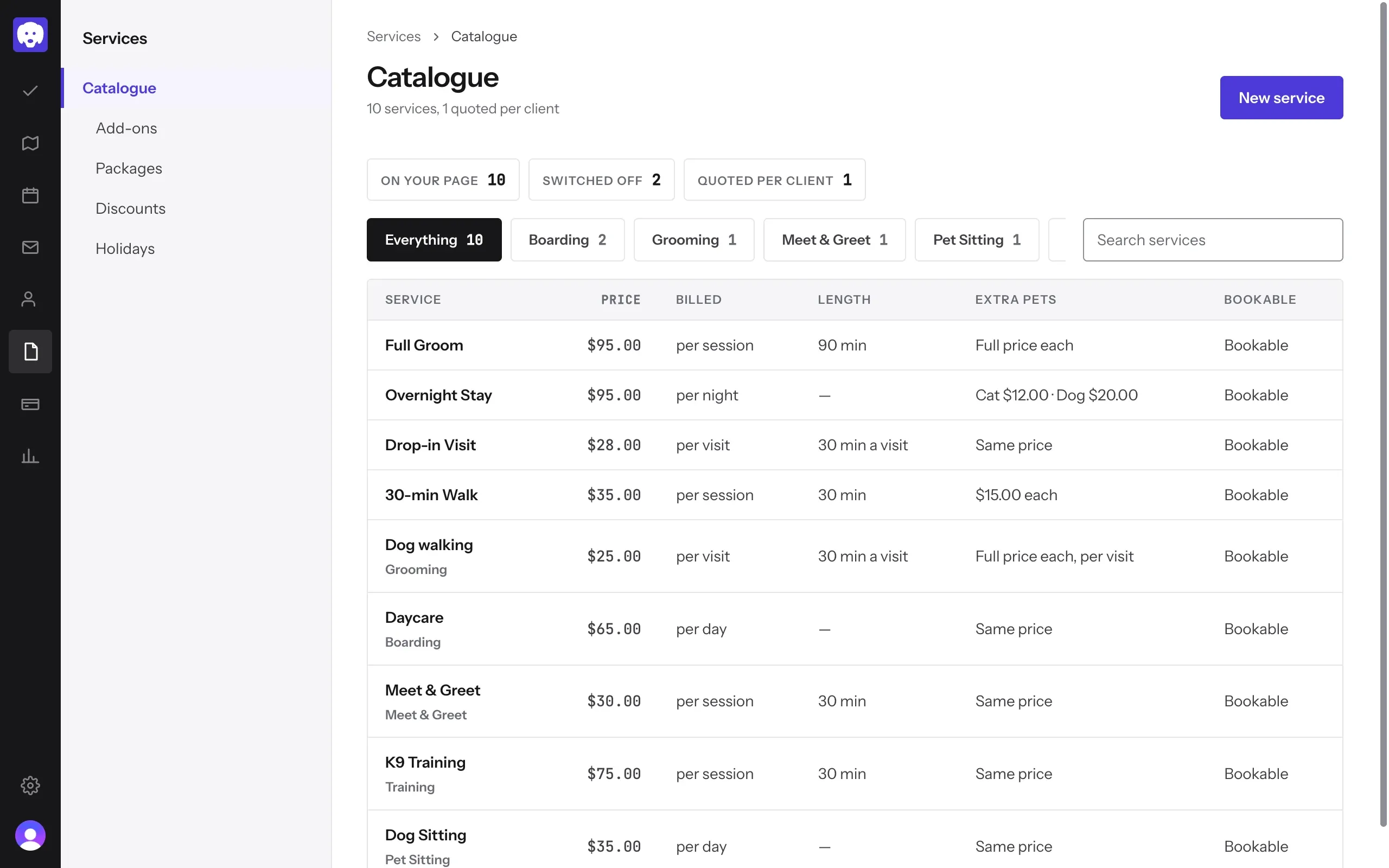 The Catalogue, with the New service button at the top right