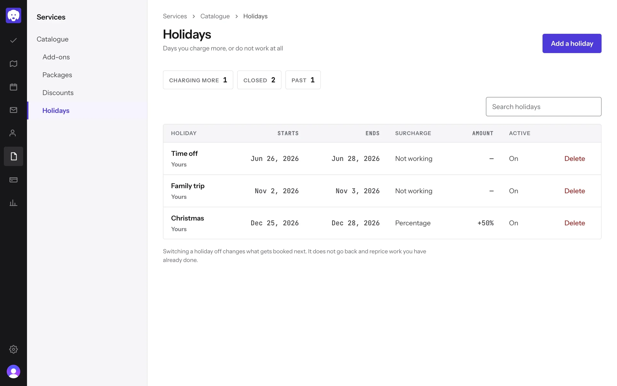 The Holidays list: Time off and Family trip marked Not working, Christmas at +50%