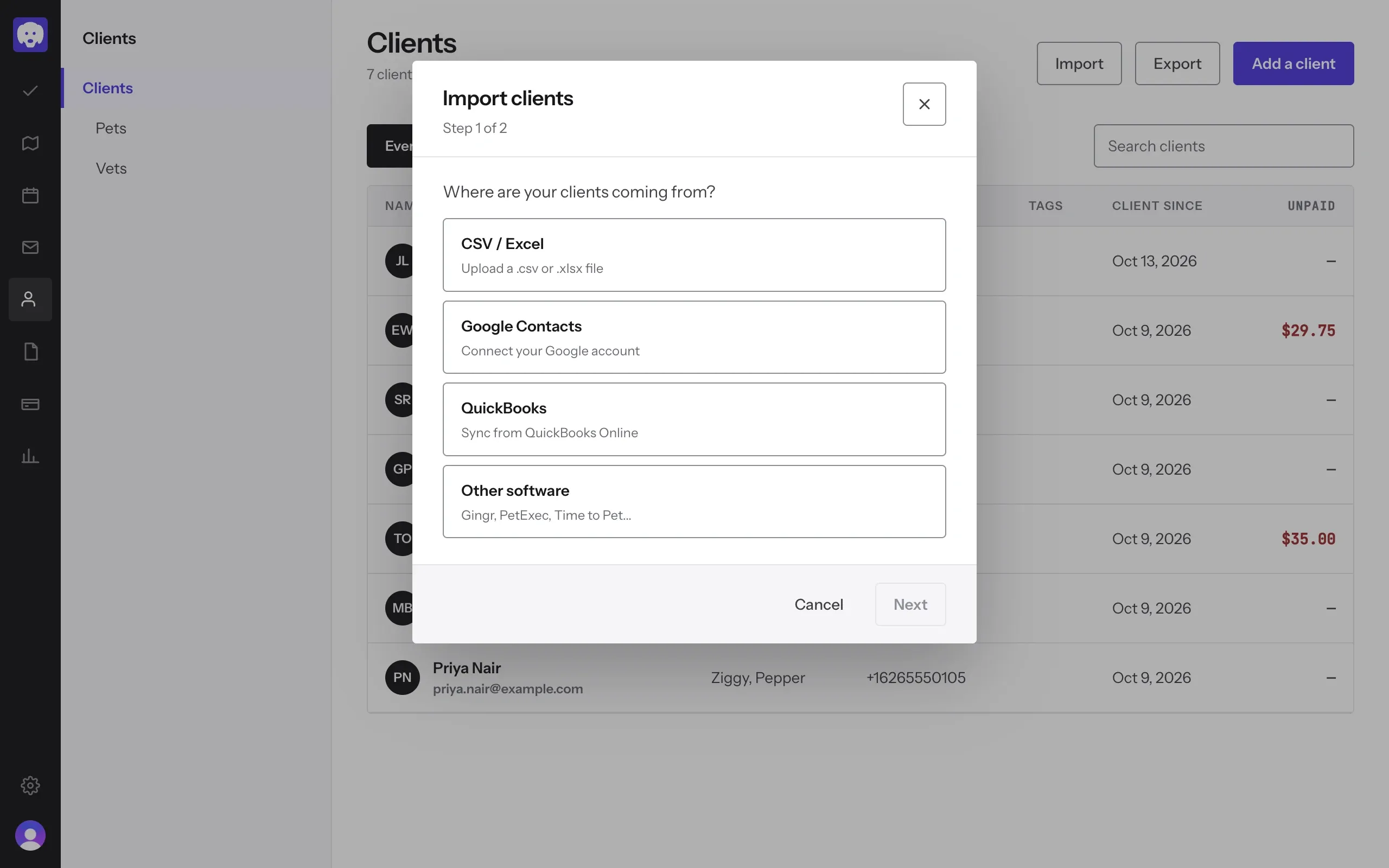 Import clients, step 1: CSV / Excel, Google Contacts, QuickBooks and Other software