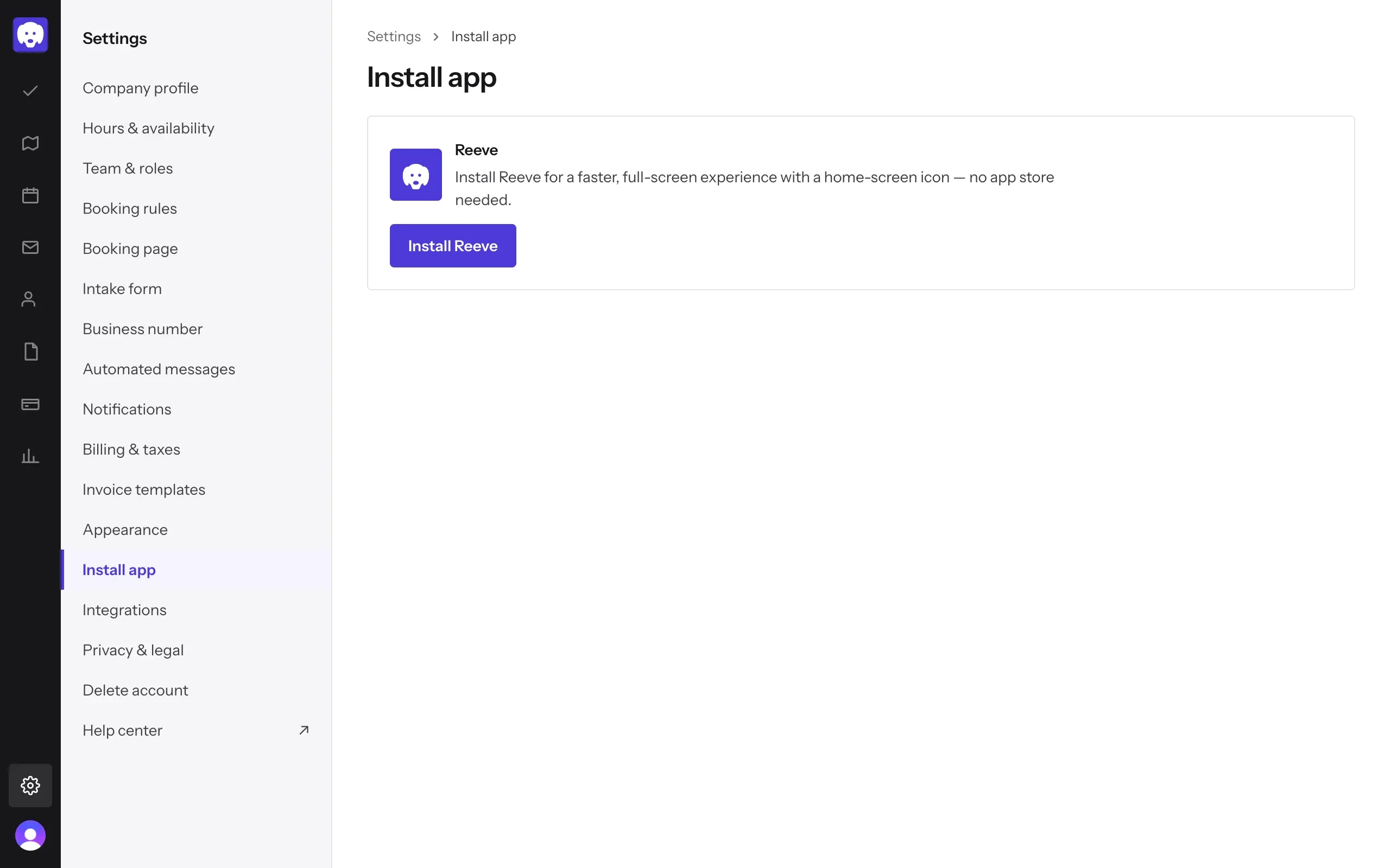 Settings › Install app on a computer, with the Install Reeve button