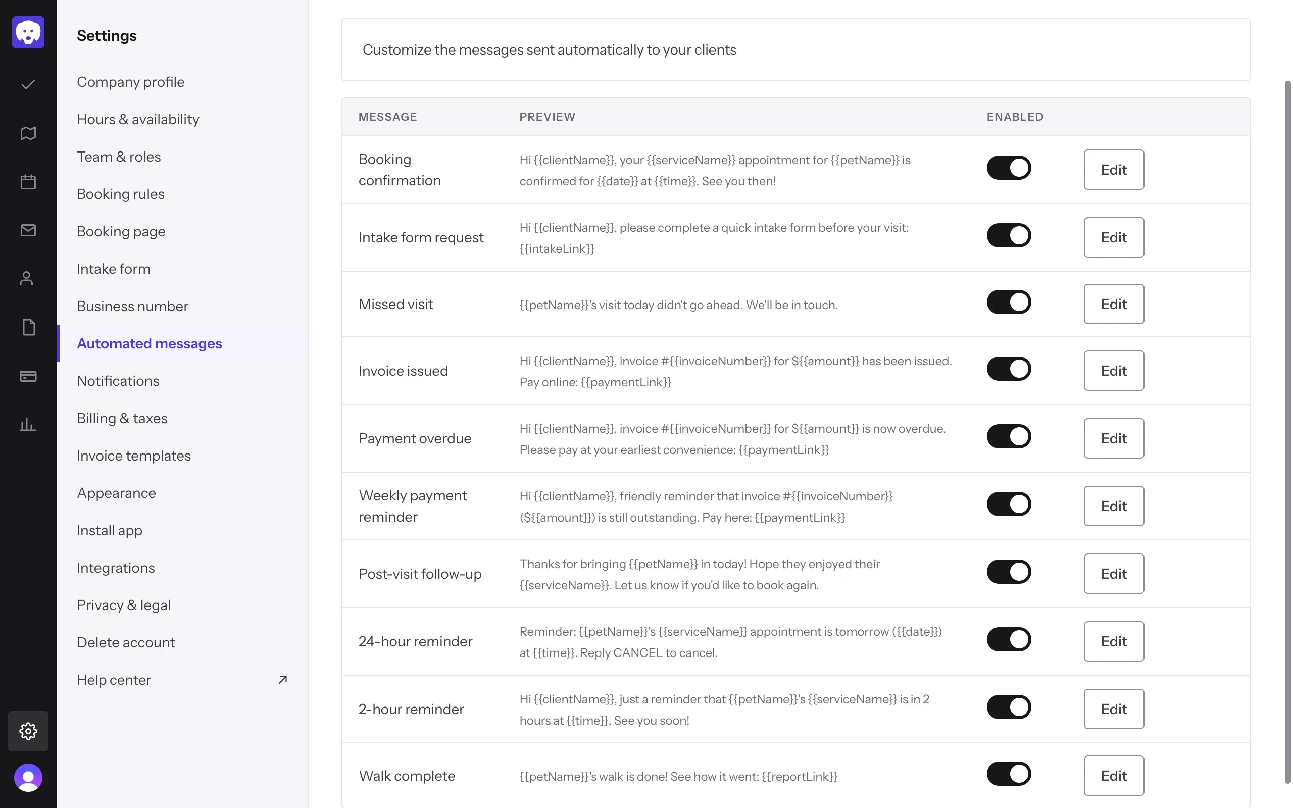 Automated messages: ten messages, each with a preview, an Enabled switch and Edit