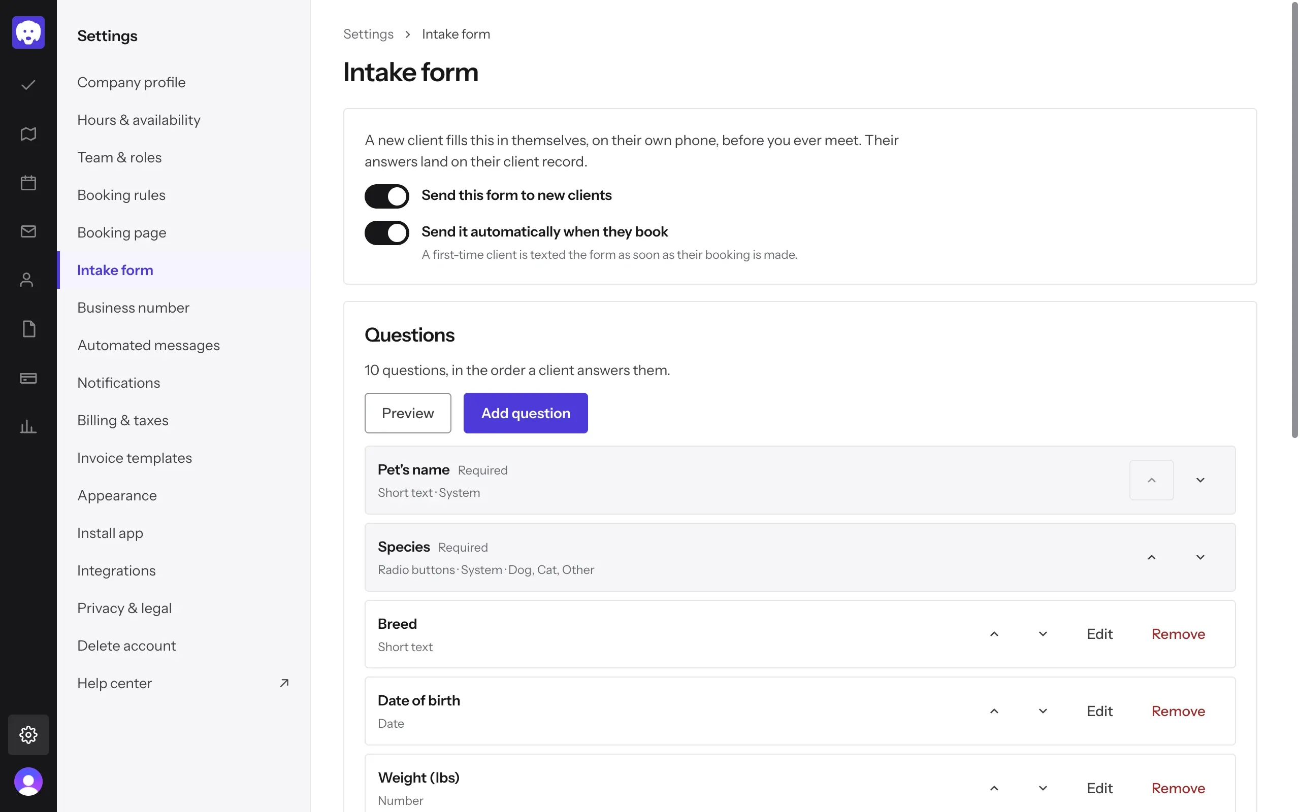 Settings, Intake form: both switches on, and the list of questions