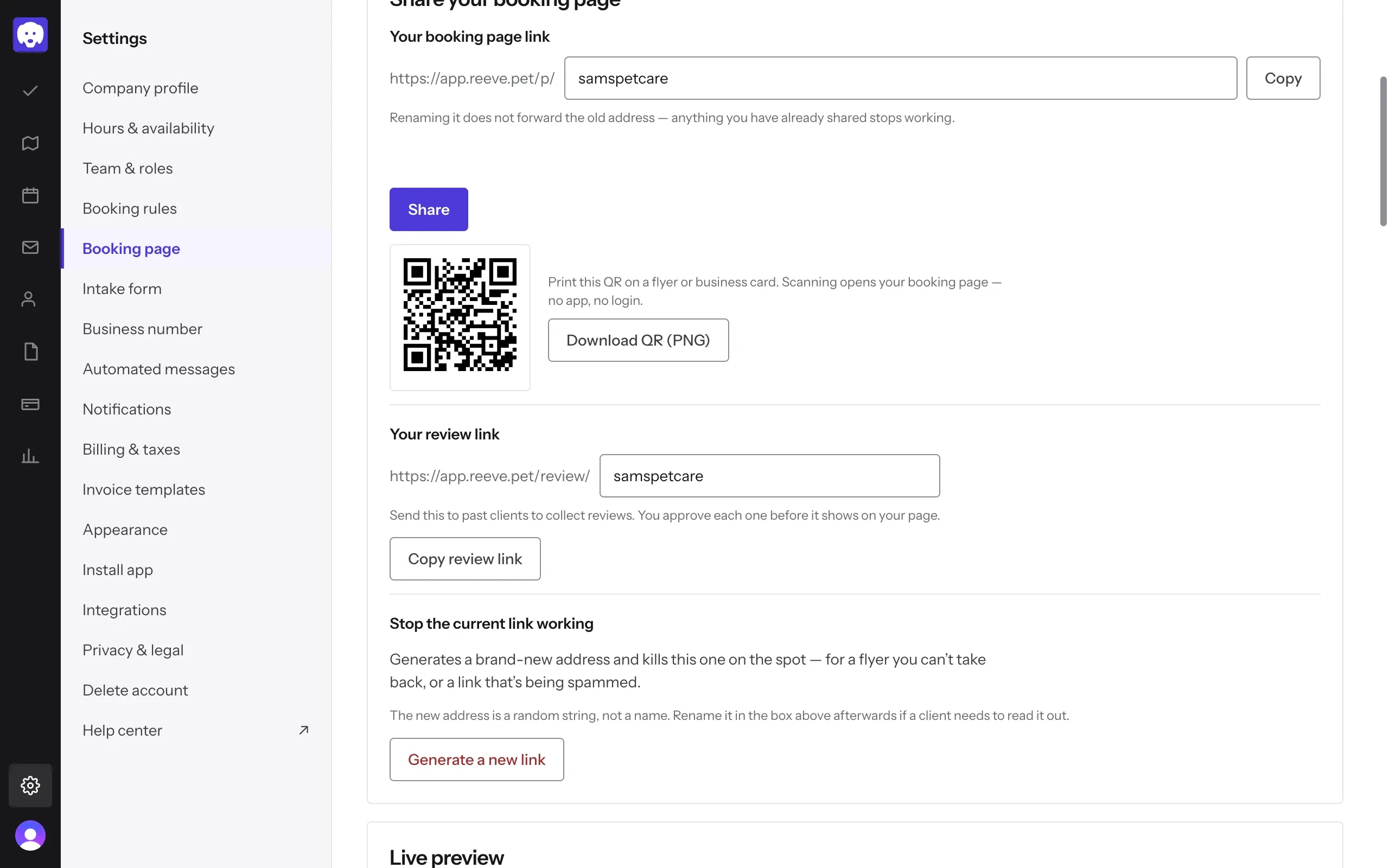 Settings, Booking page: Your review link with the Copy review link button