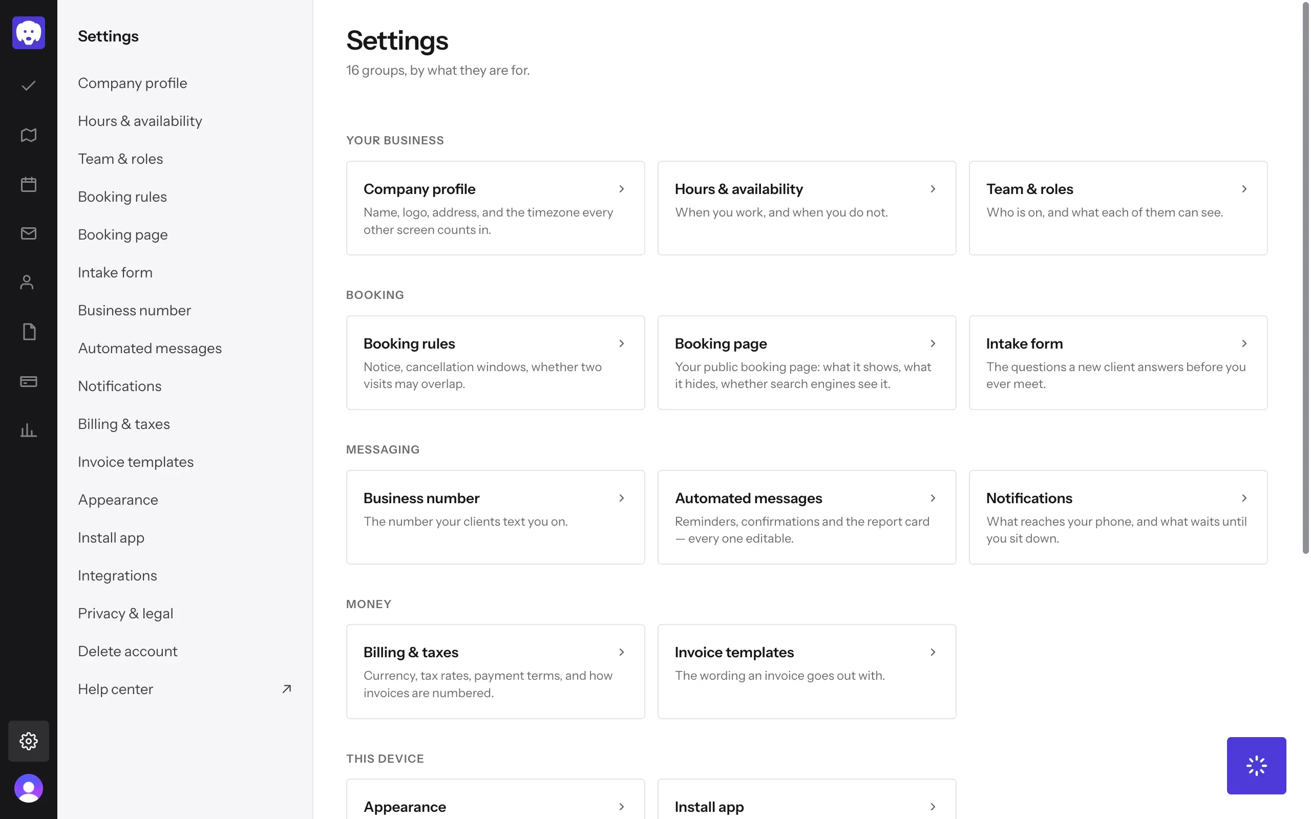 Settings, with Company profile at the top of the Your business group