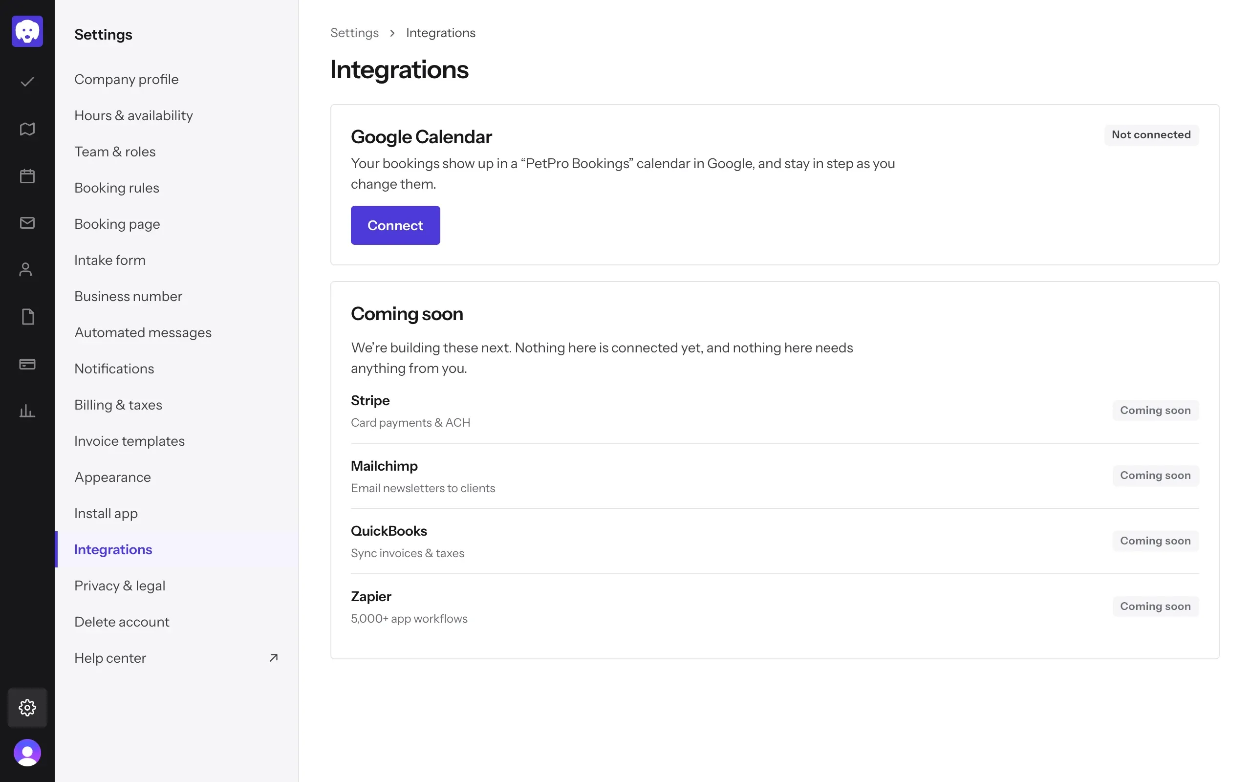 Settings › Integrations: Google Calendar, Not connected, with the Connect button
