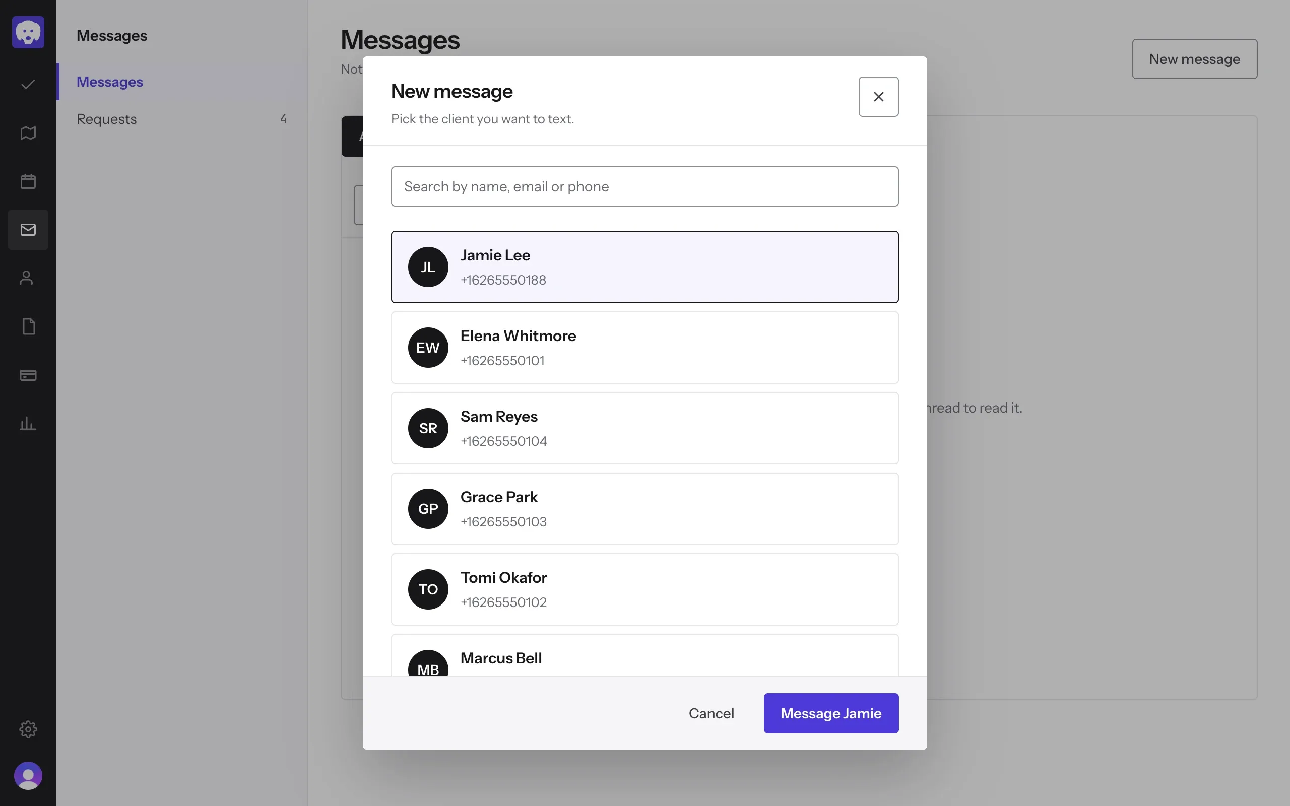 New message: pick the client you want to text