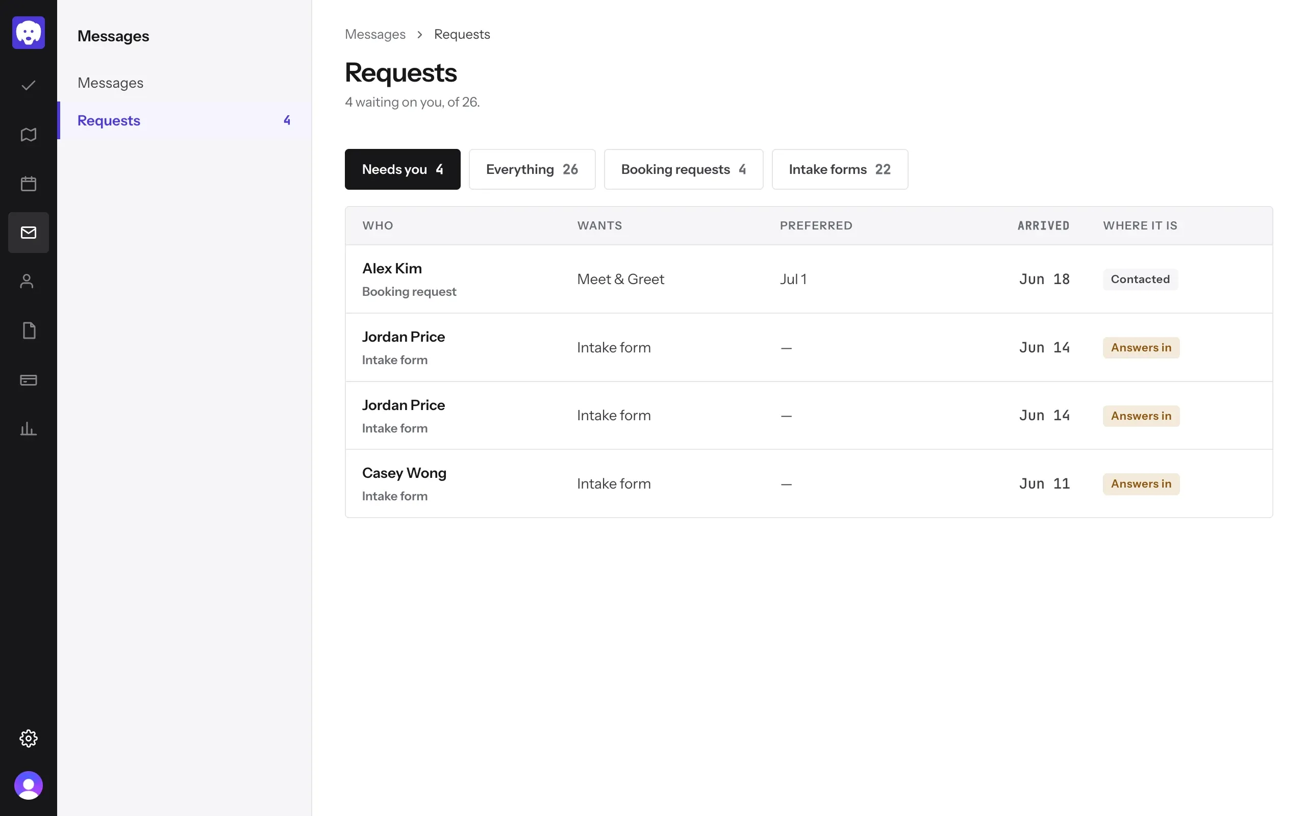 Requests: one booking request and three intake forms waiting