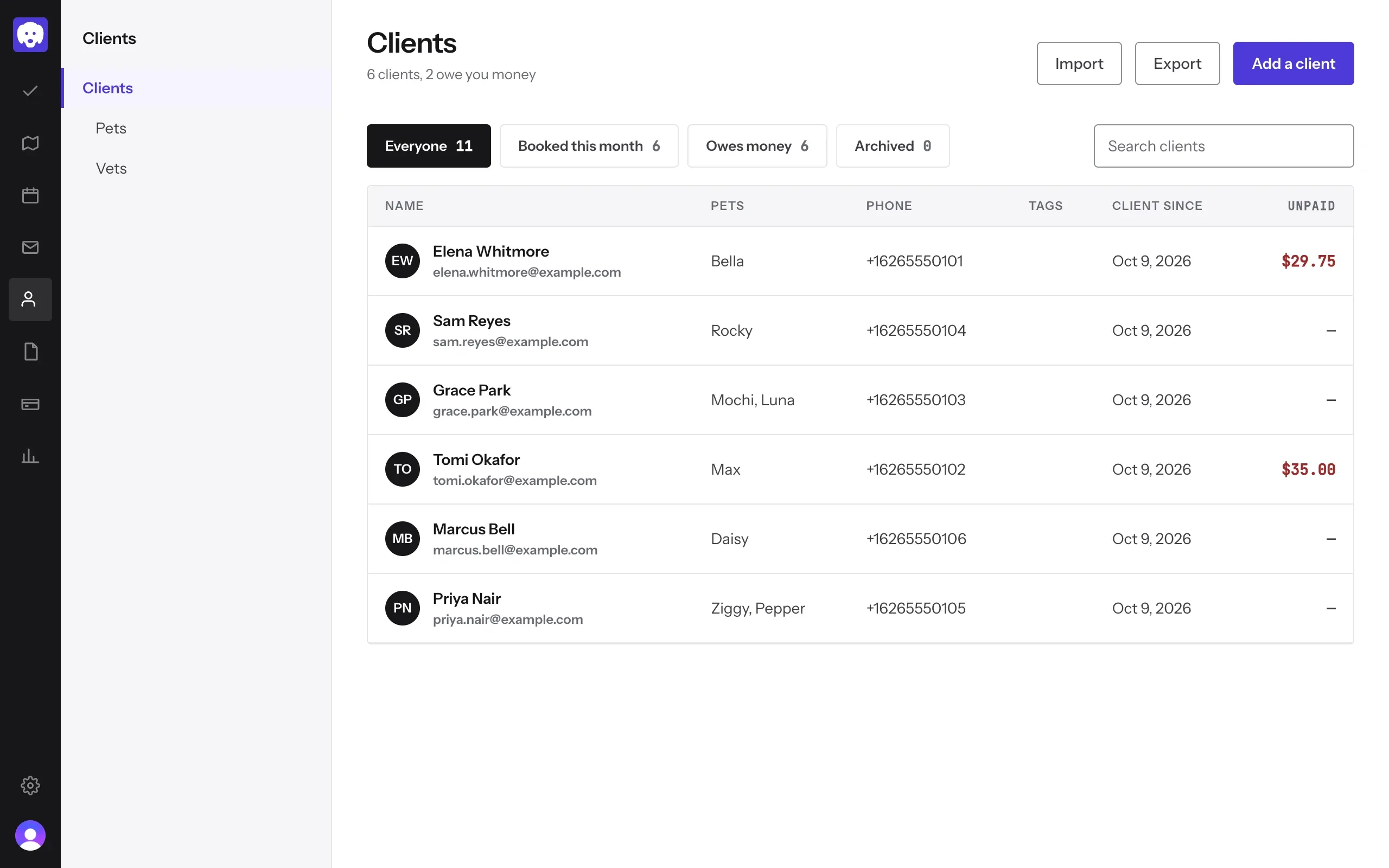 The Clients list, with Import, Export and Add a client at the top right