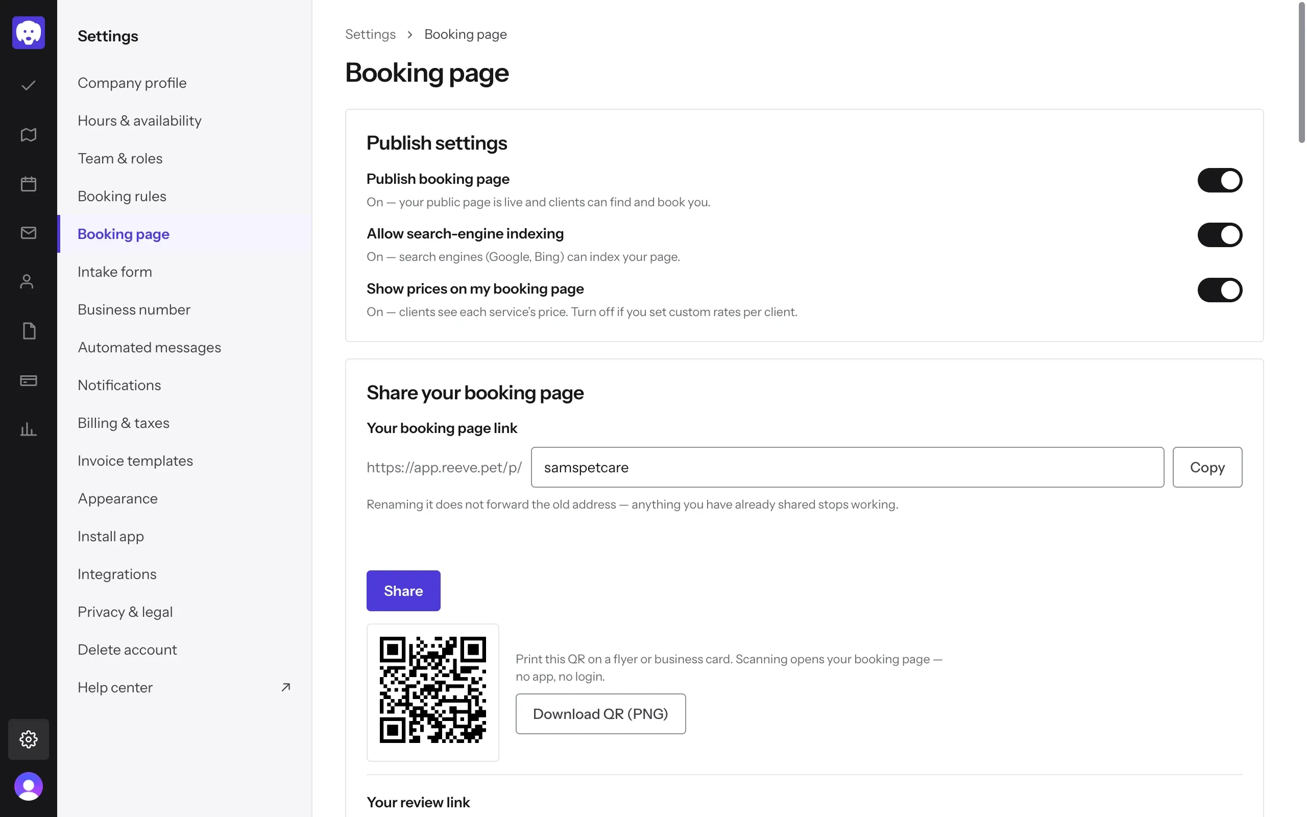 Booking page settings, with all three switches on