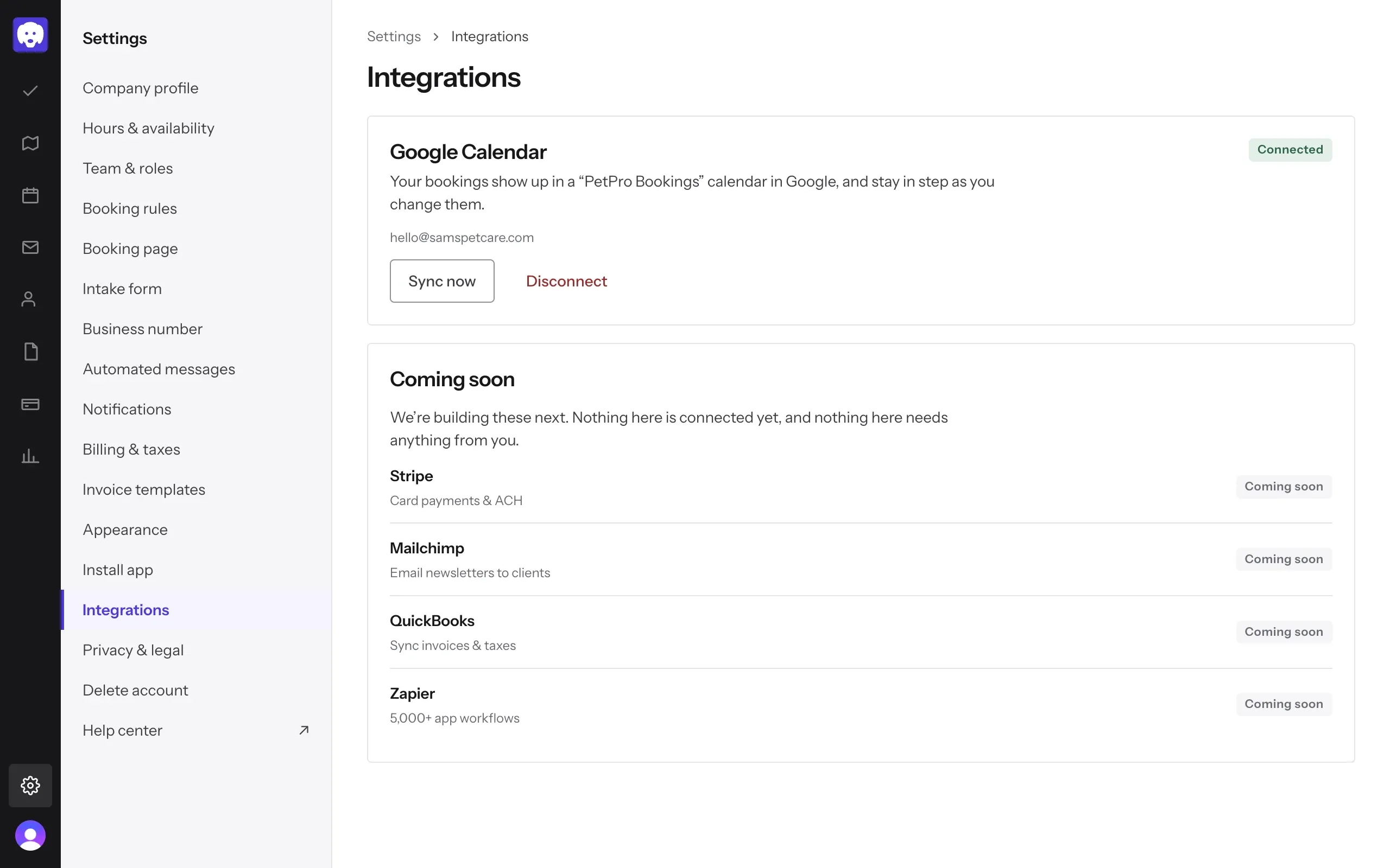 Google Calendar marked Connected, with the linked account, Sync now and Disconnect