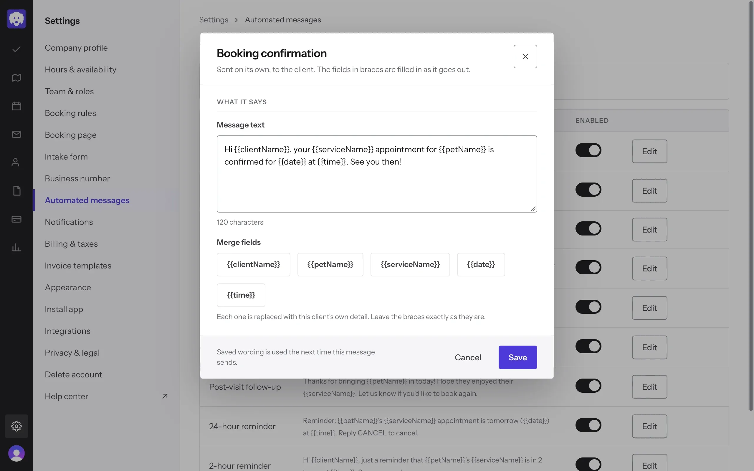 Editing the Booking confirmation, with the message text, merge fields, Cancel and Save