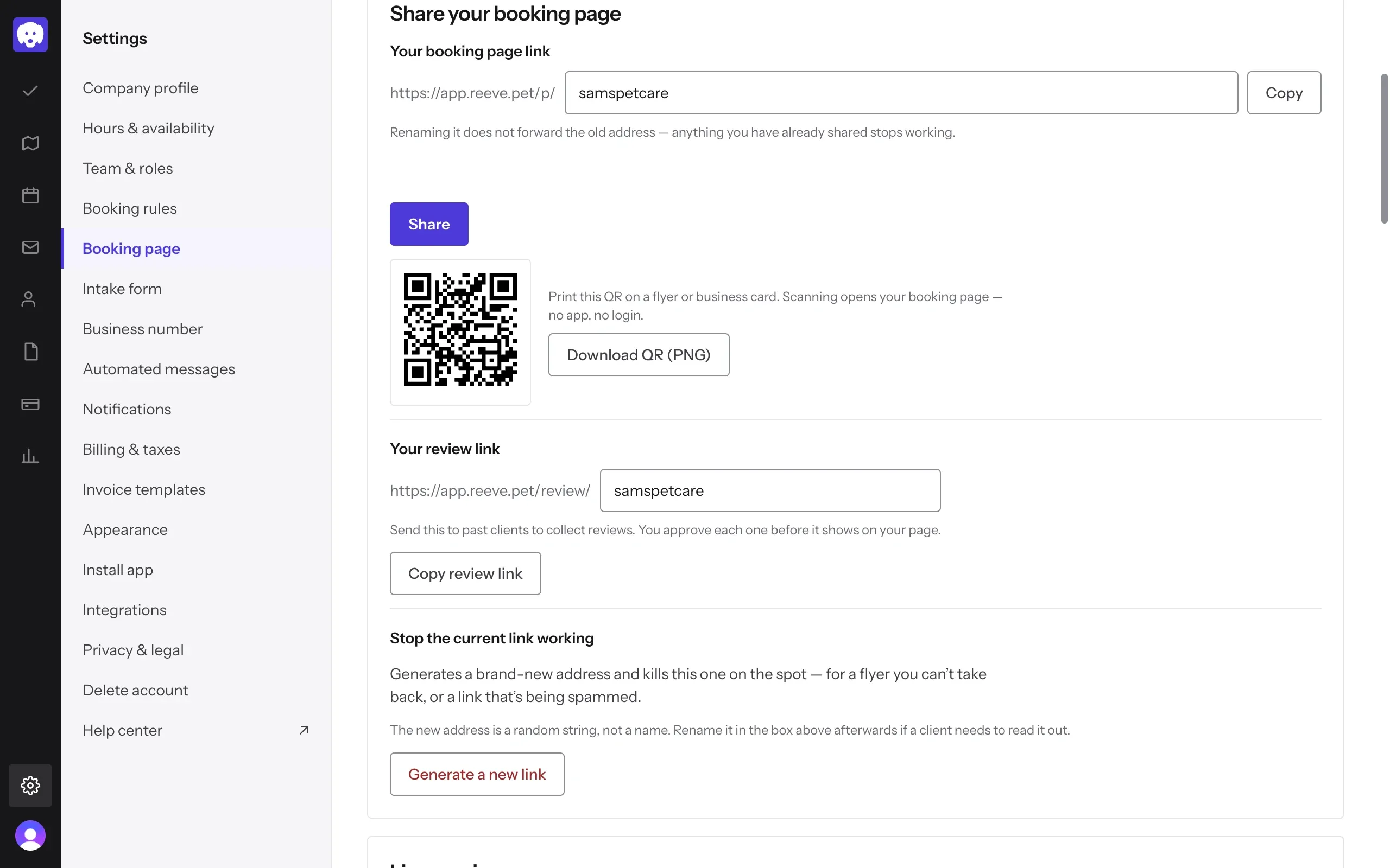 Your booking page link with Copy and Share, the QR code, and the review link