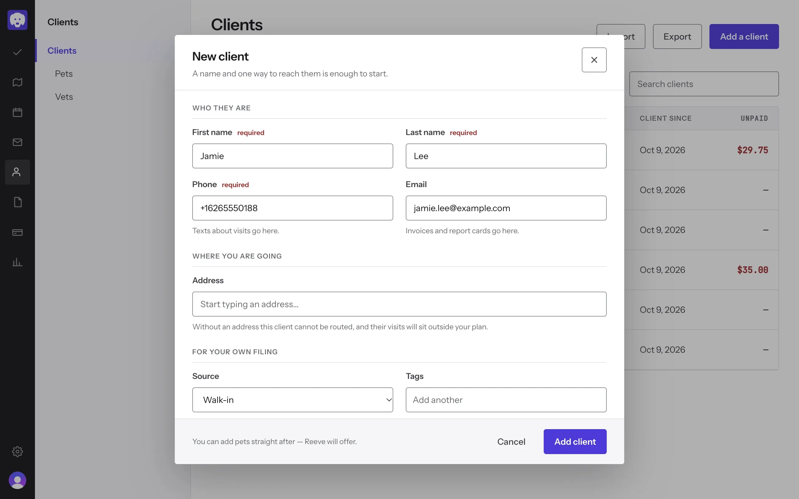New client: first name, last name, phone and email