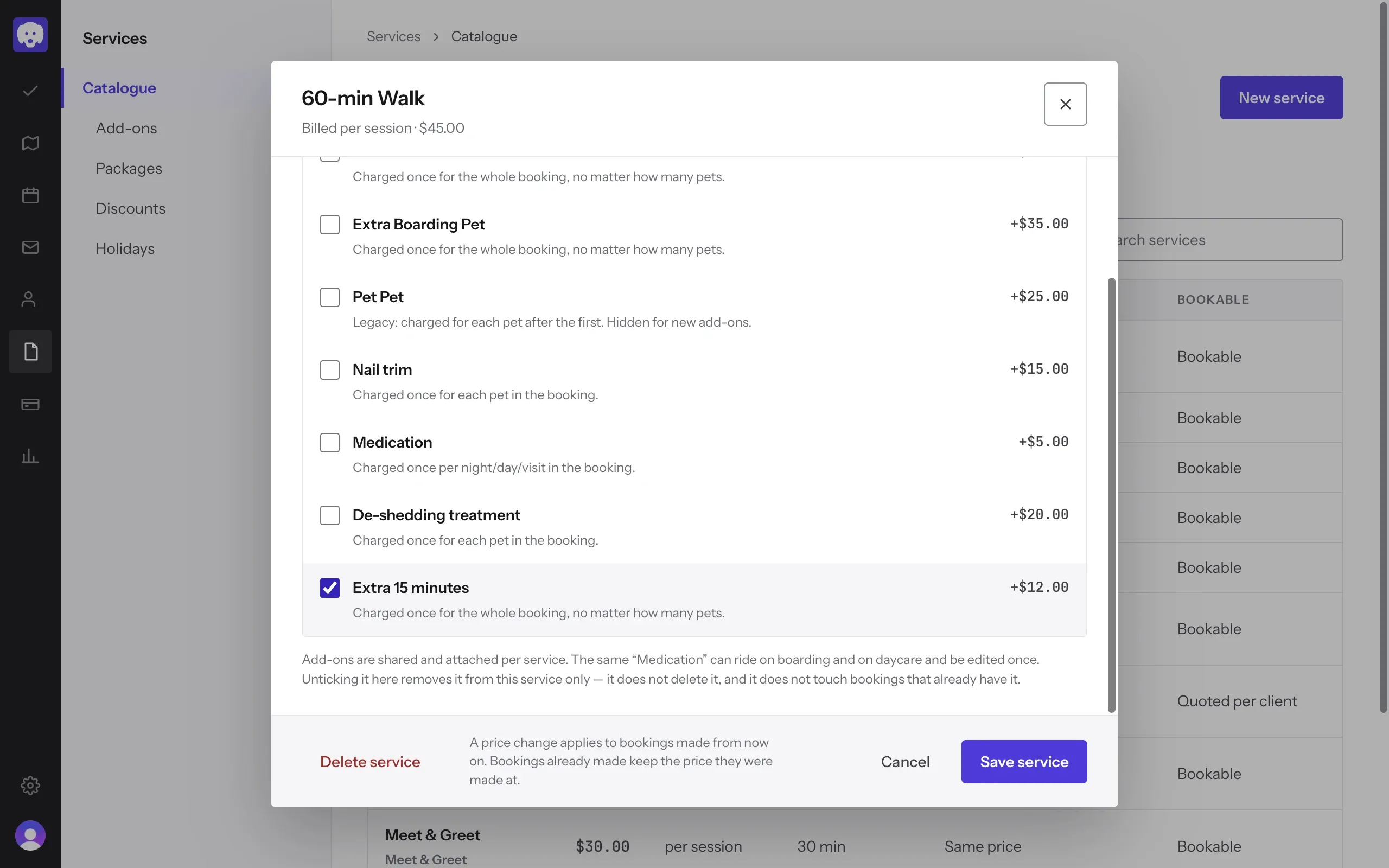 The 60-min Walk’s Add-ons tab, with Extra 15 minutes ticked