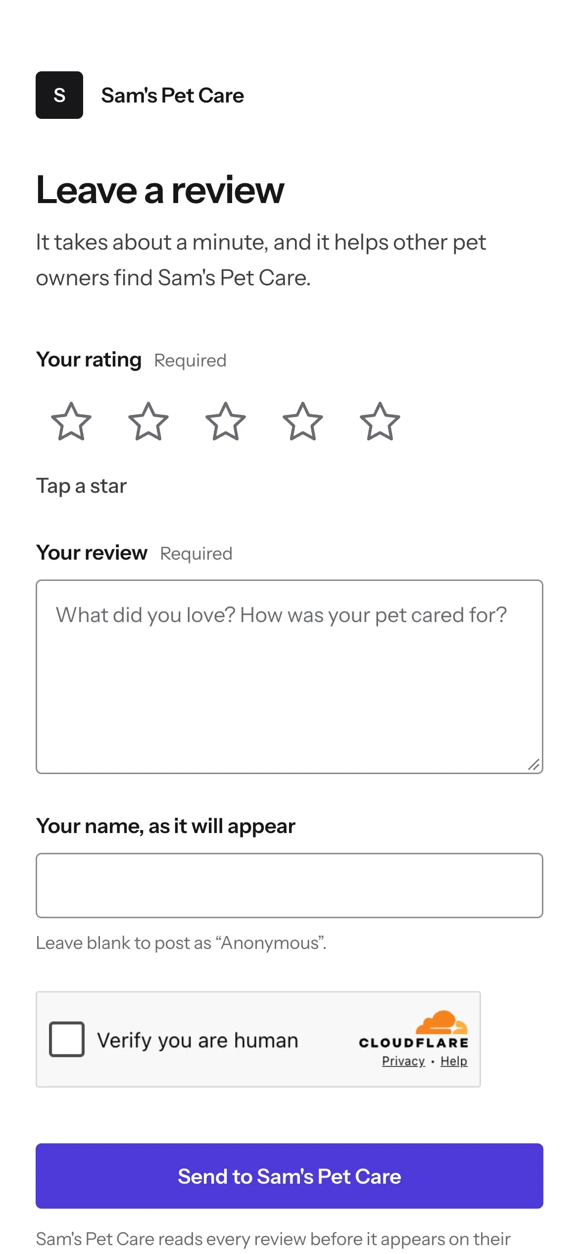 The Leave a review page on a phone: star rating, Your review, Your name, and Send to Sam’s Pet Care