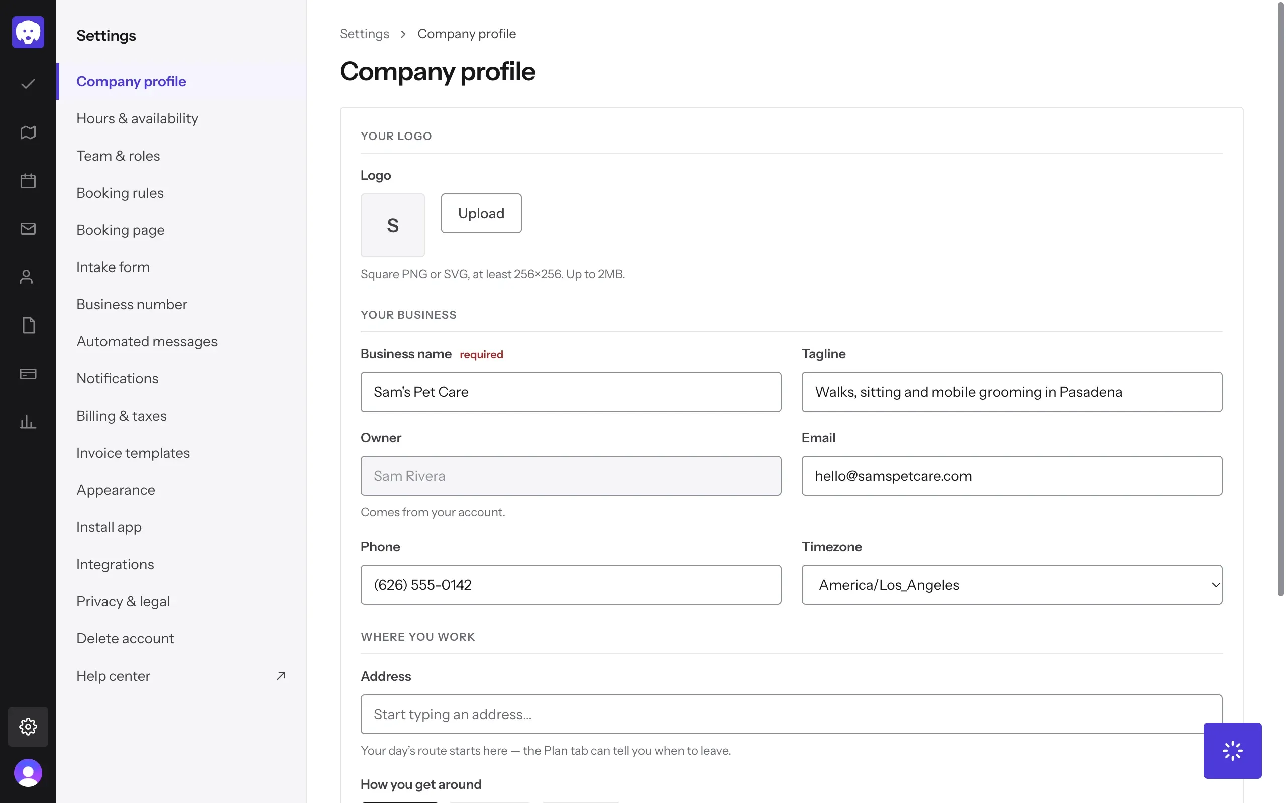 Company profile with the logo, business name, tagline, email, phone and timezone