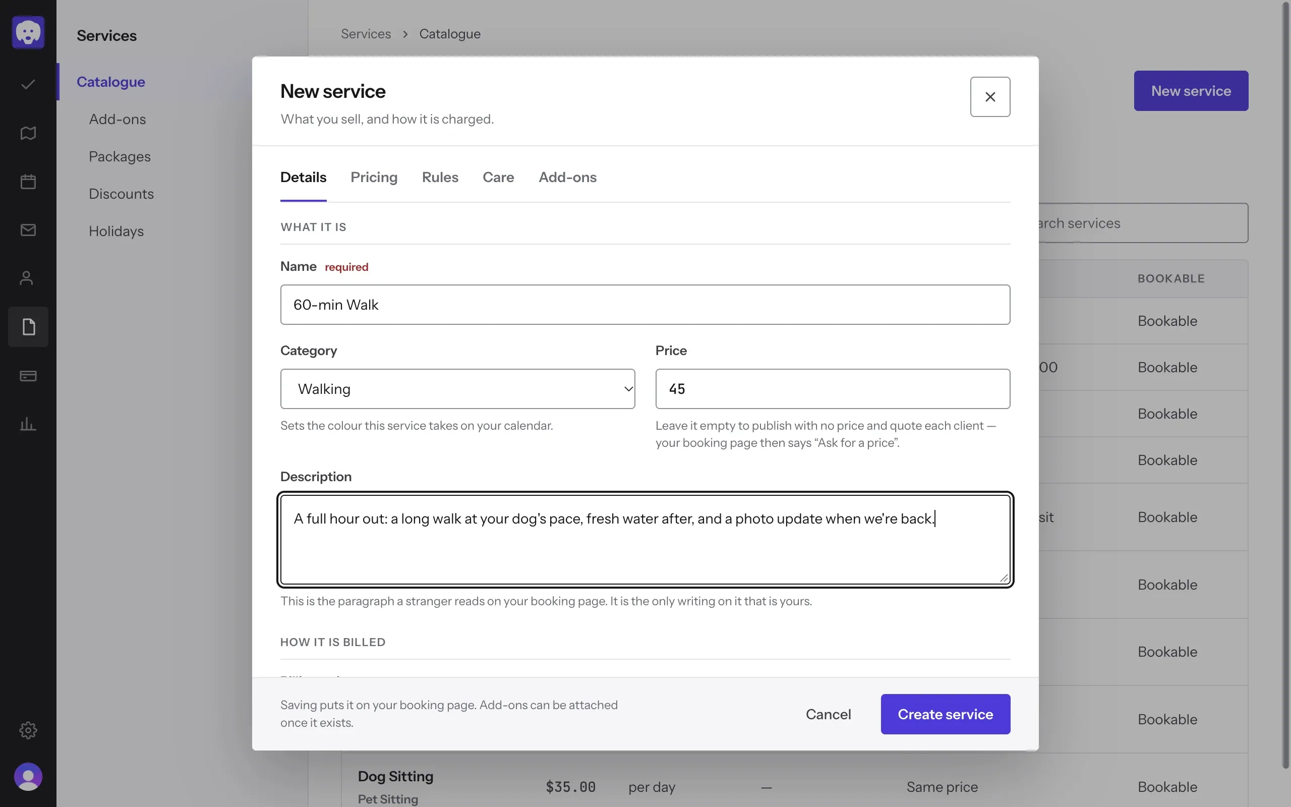 New service, Details tab: name, category, price and description filled in