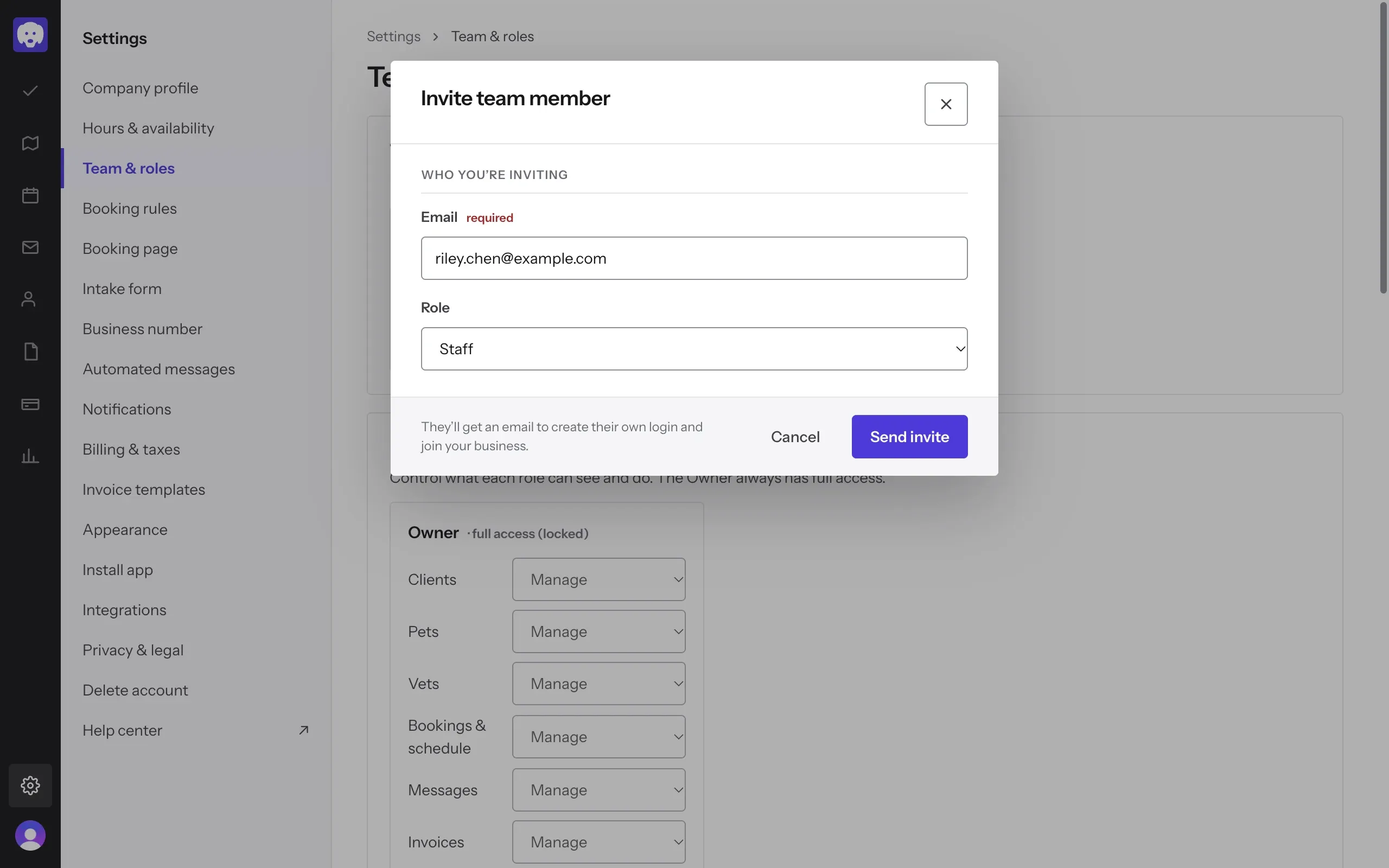 Invite team member: an email address and the Staff role