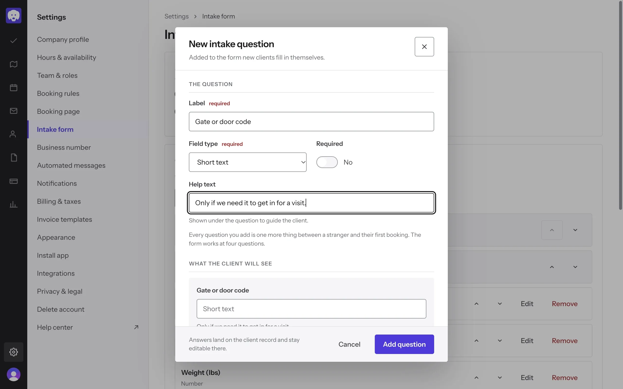 New intake question: “Gate or door code” as Short text, with help text and a preview