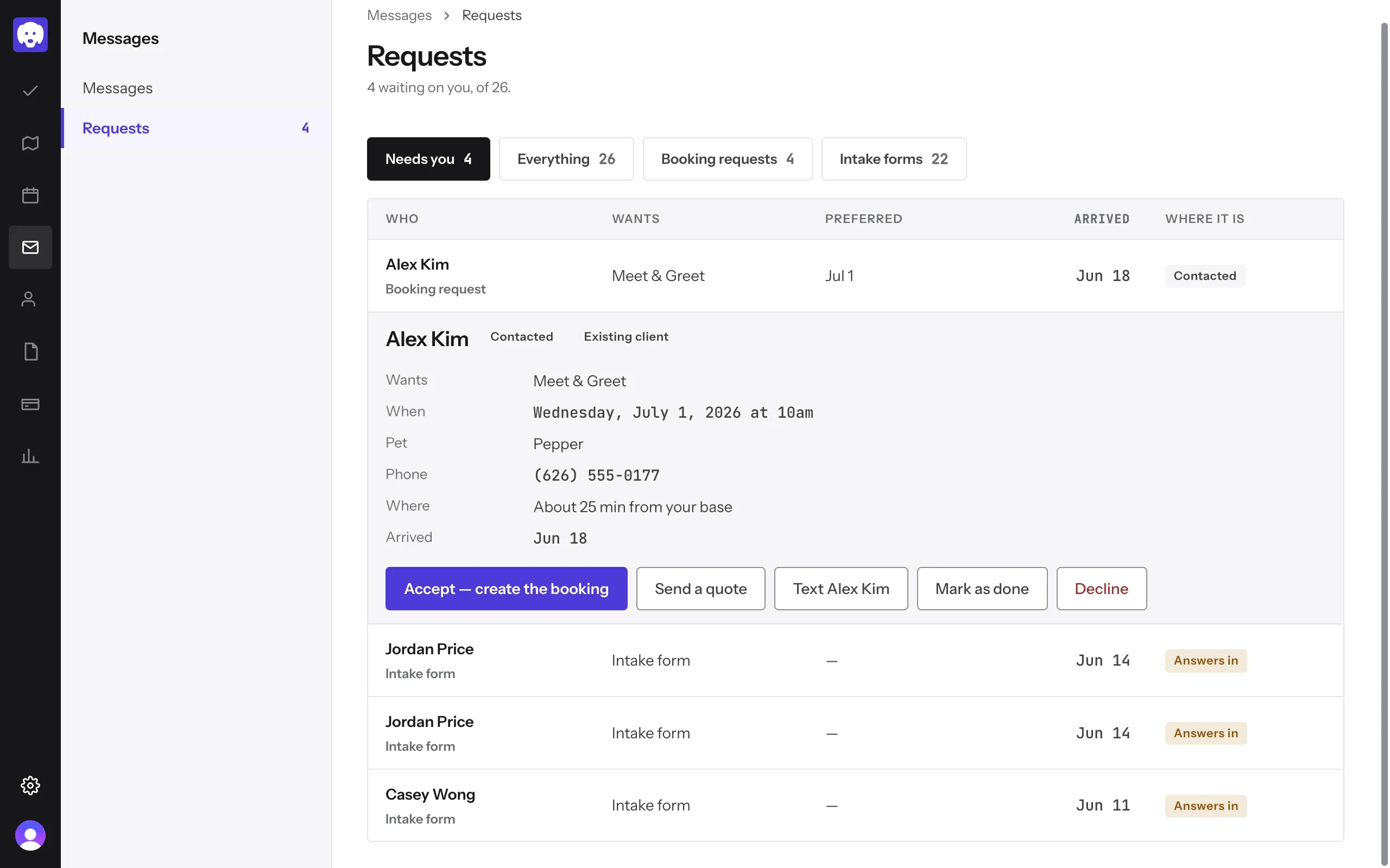 A booking request for a Meet & Greet, with Accept — create the booking and the other actions