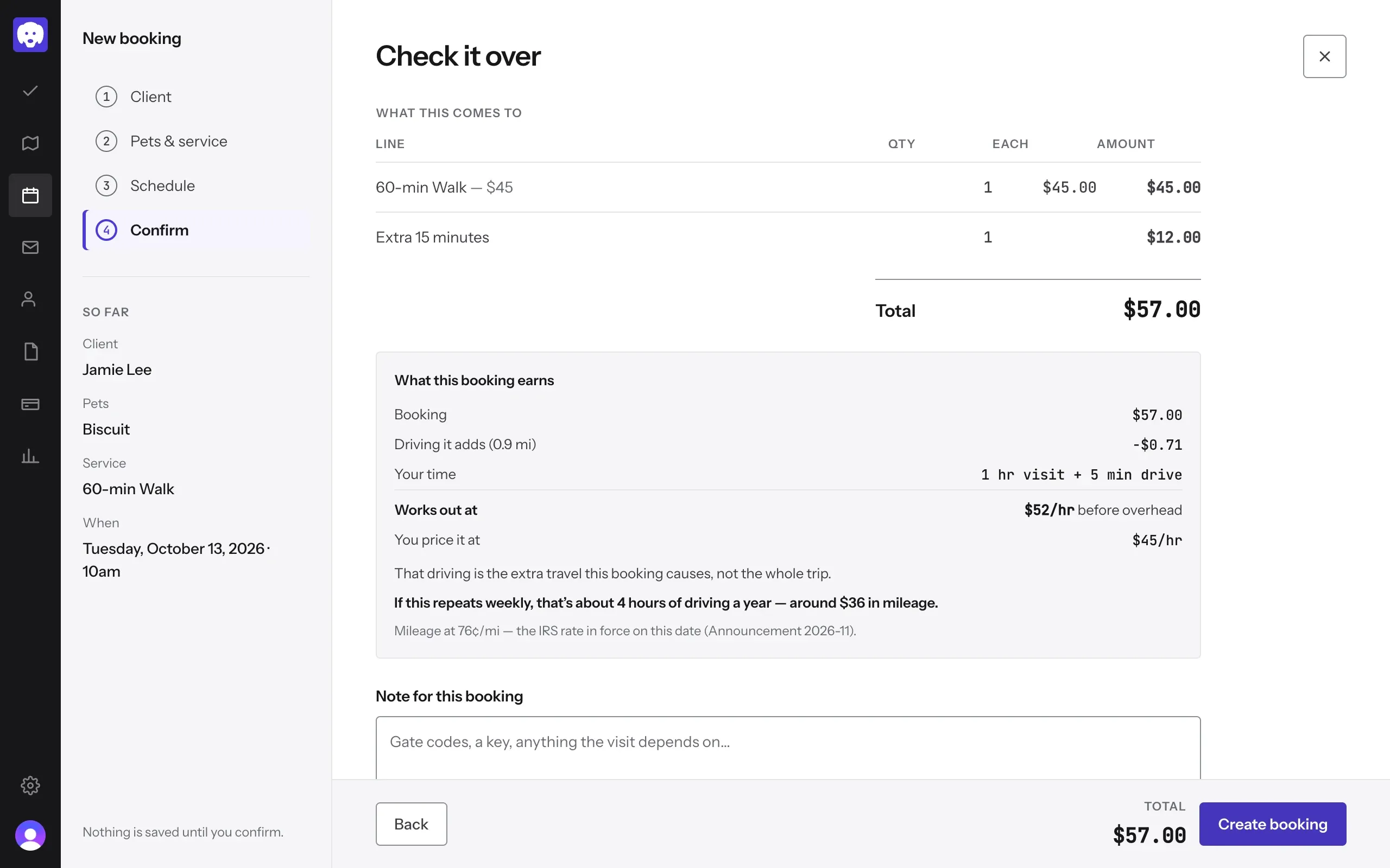 Check it over: a 60-min Walk at $45 plus Extra 15 minutes at $12, total $57