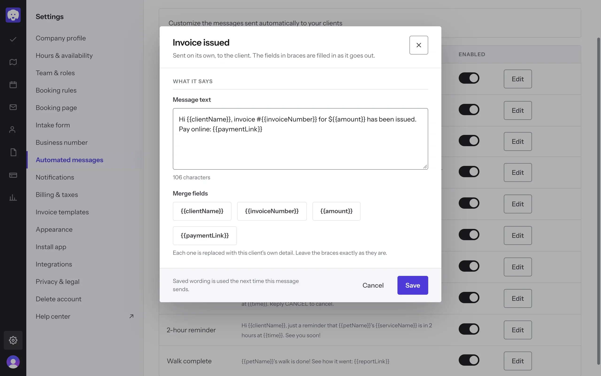 Editing Invoice issued, with merge fields for client name, invoice number, amount and payment link