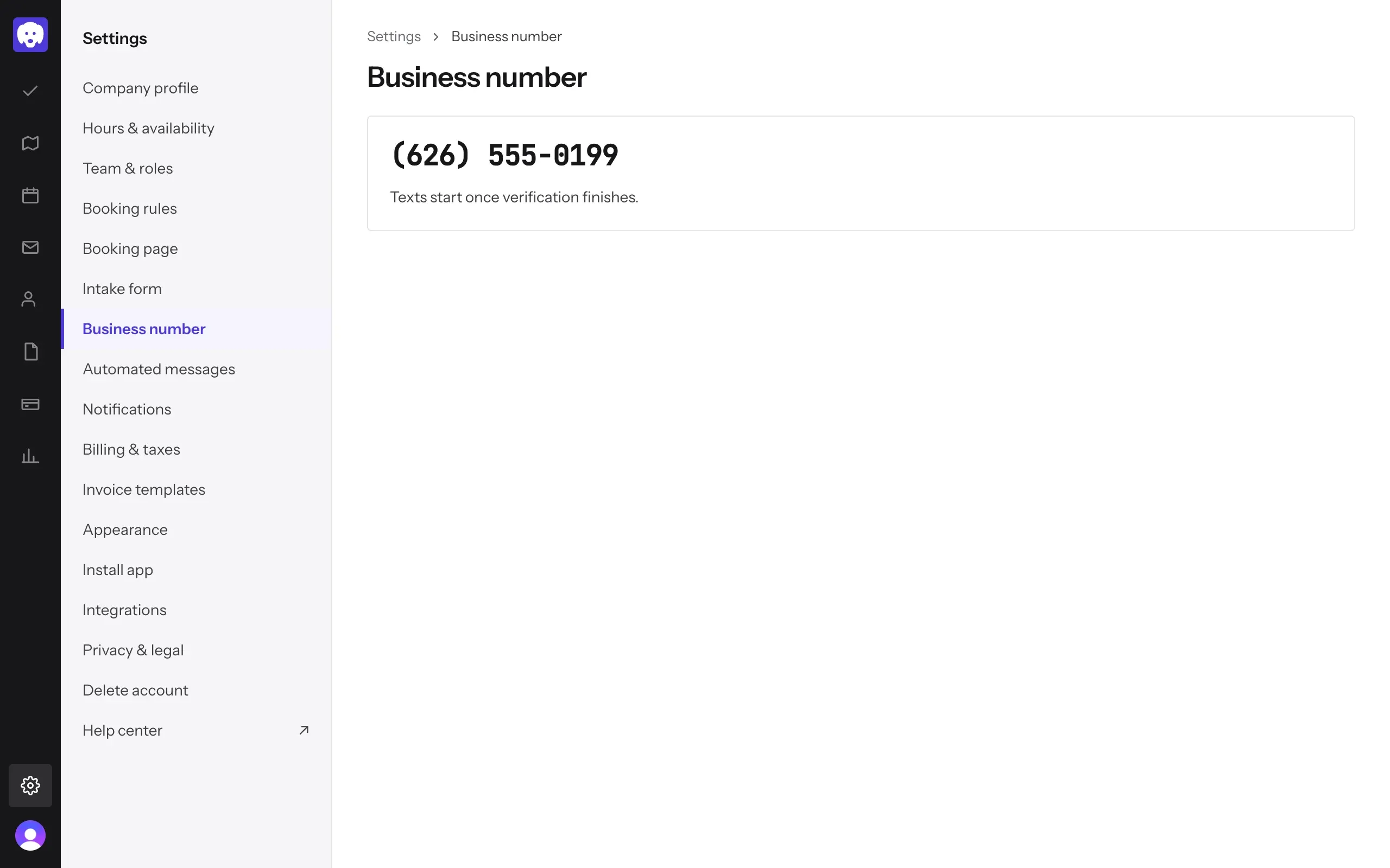 Settings, Business number: texts start once verification finishes