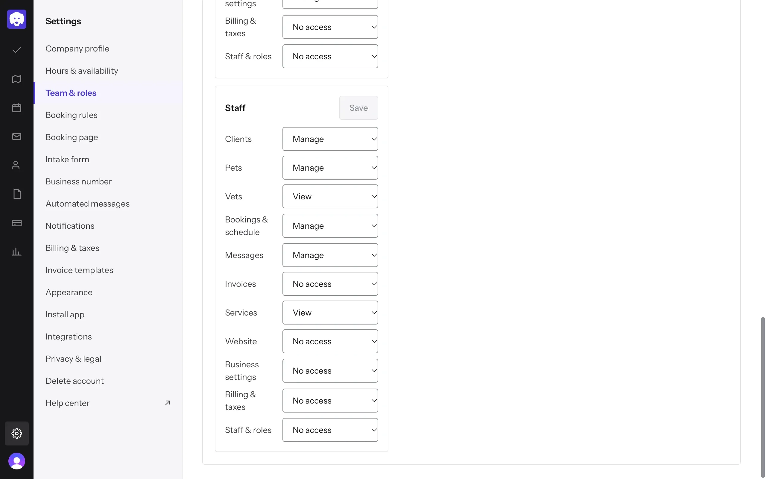 Roles & permissions for Staff: Manage for clients and bookings, No access for invoices and billing