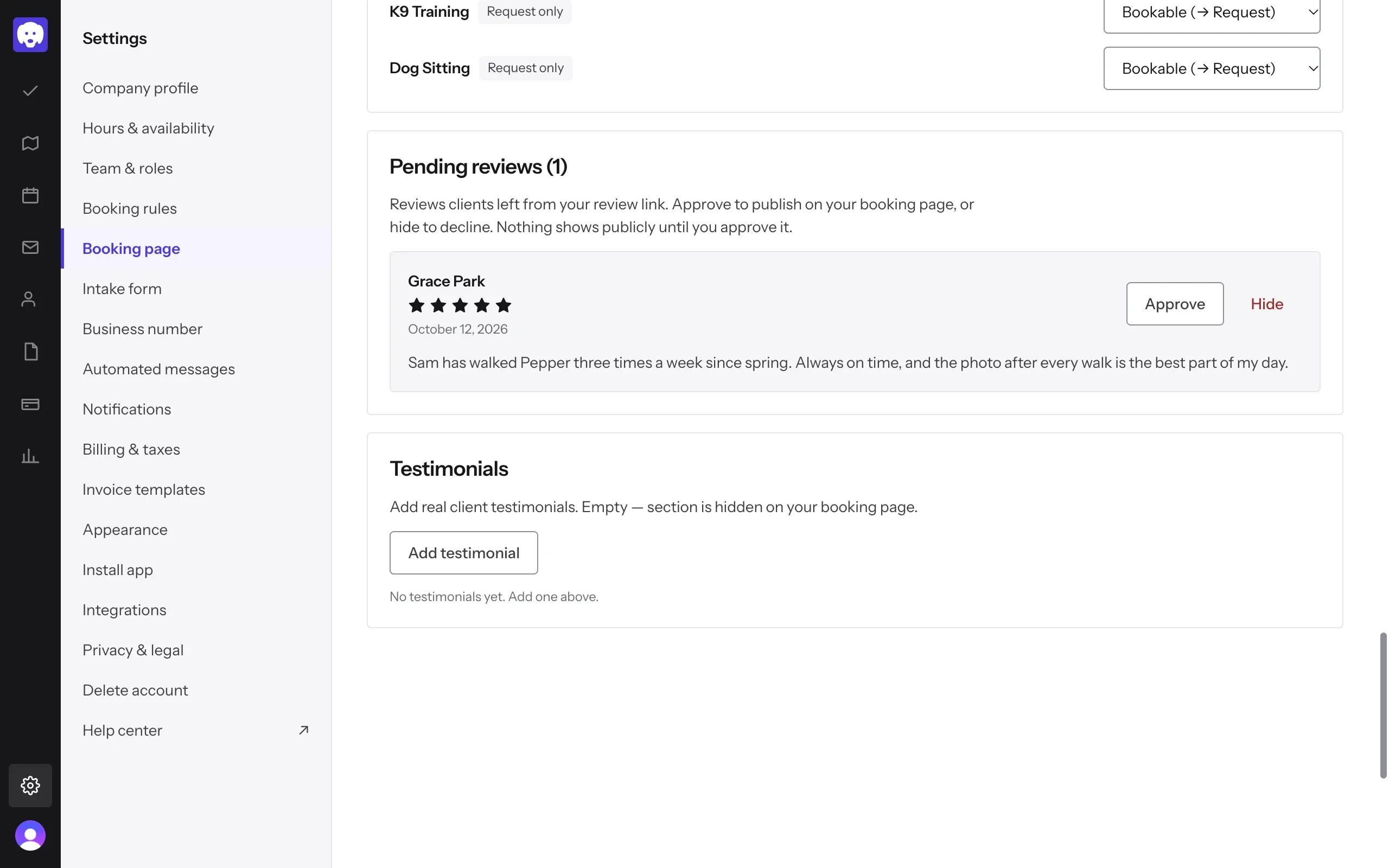 Pending reviews with one five-star review from Grace Park, and Approve and Hide buttons