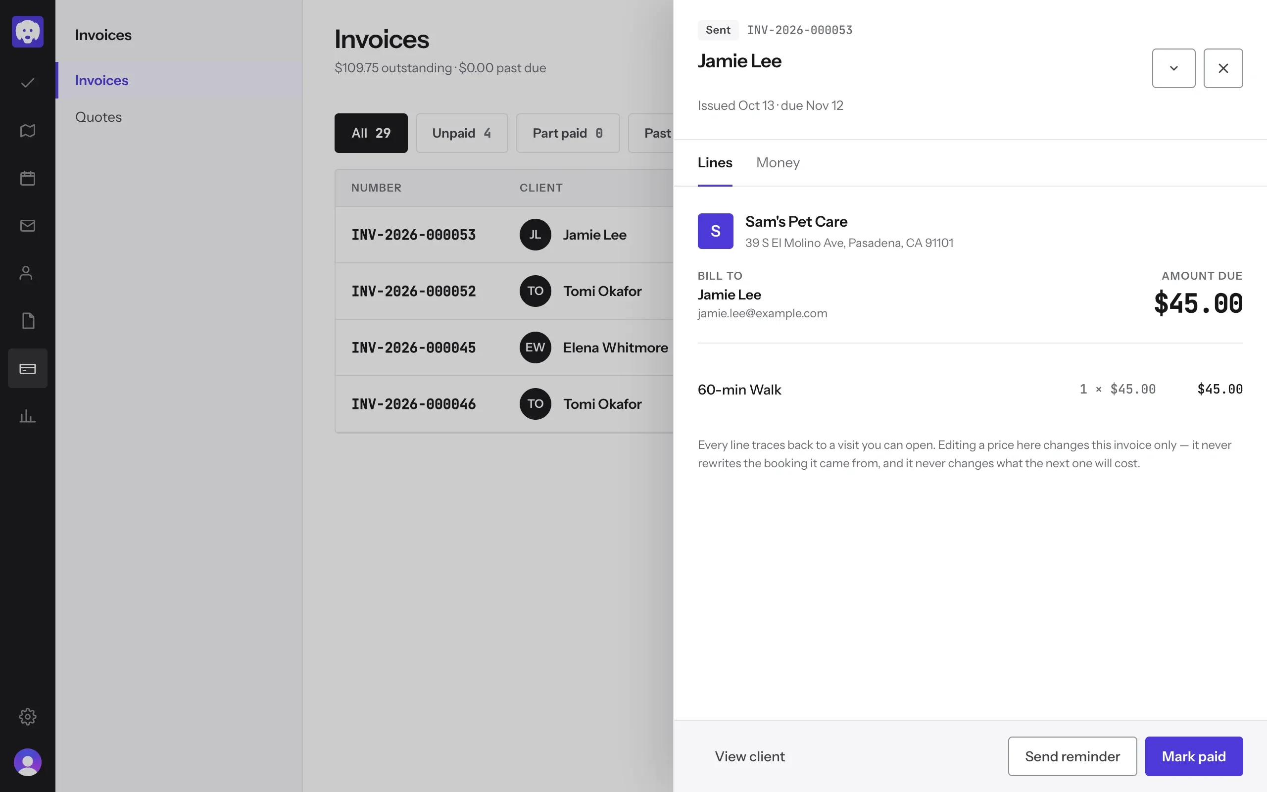 The invoice panel, with Send reminder and Mark paid at the bottom