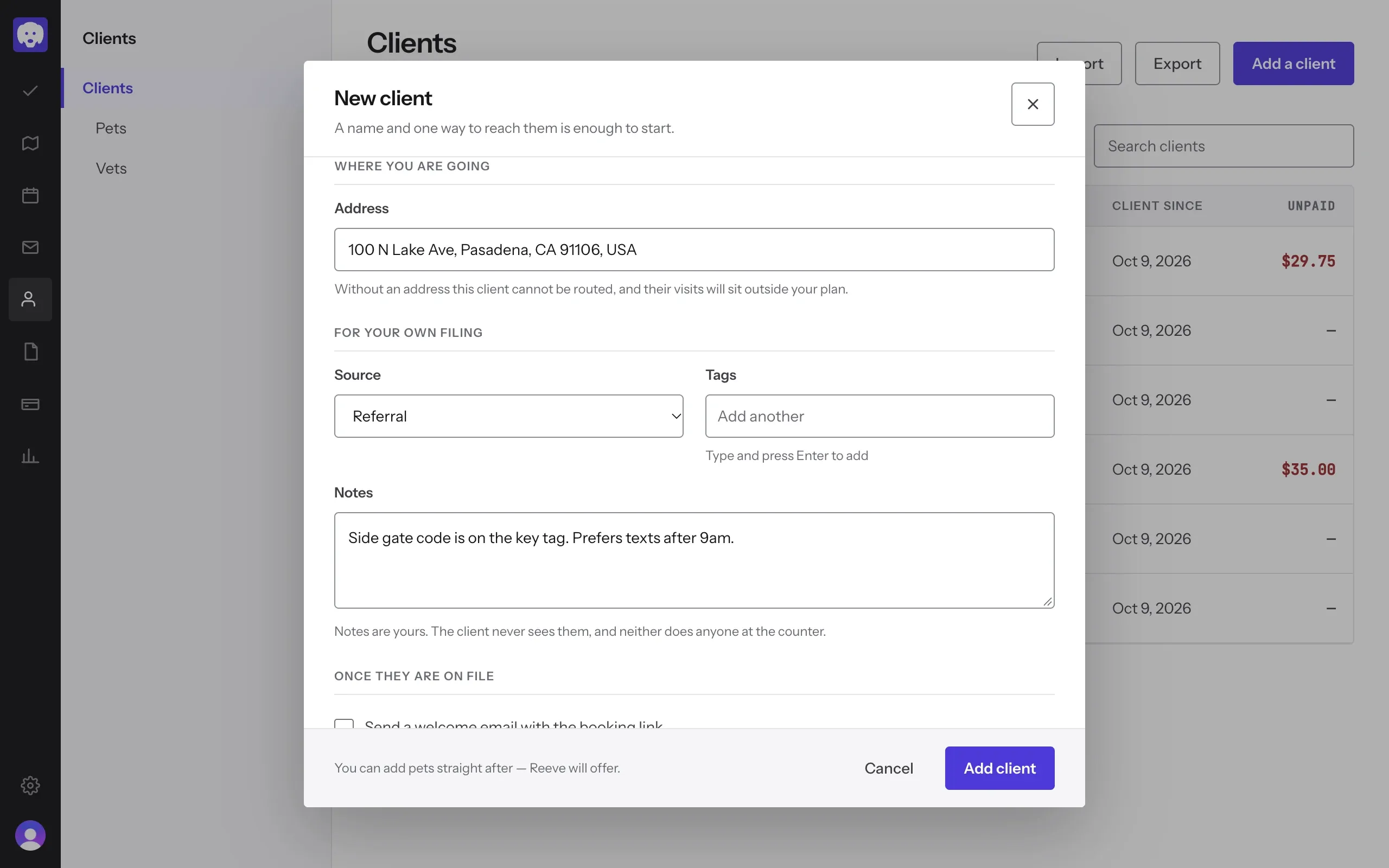Address, source, notes, and the options for once they’re on file