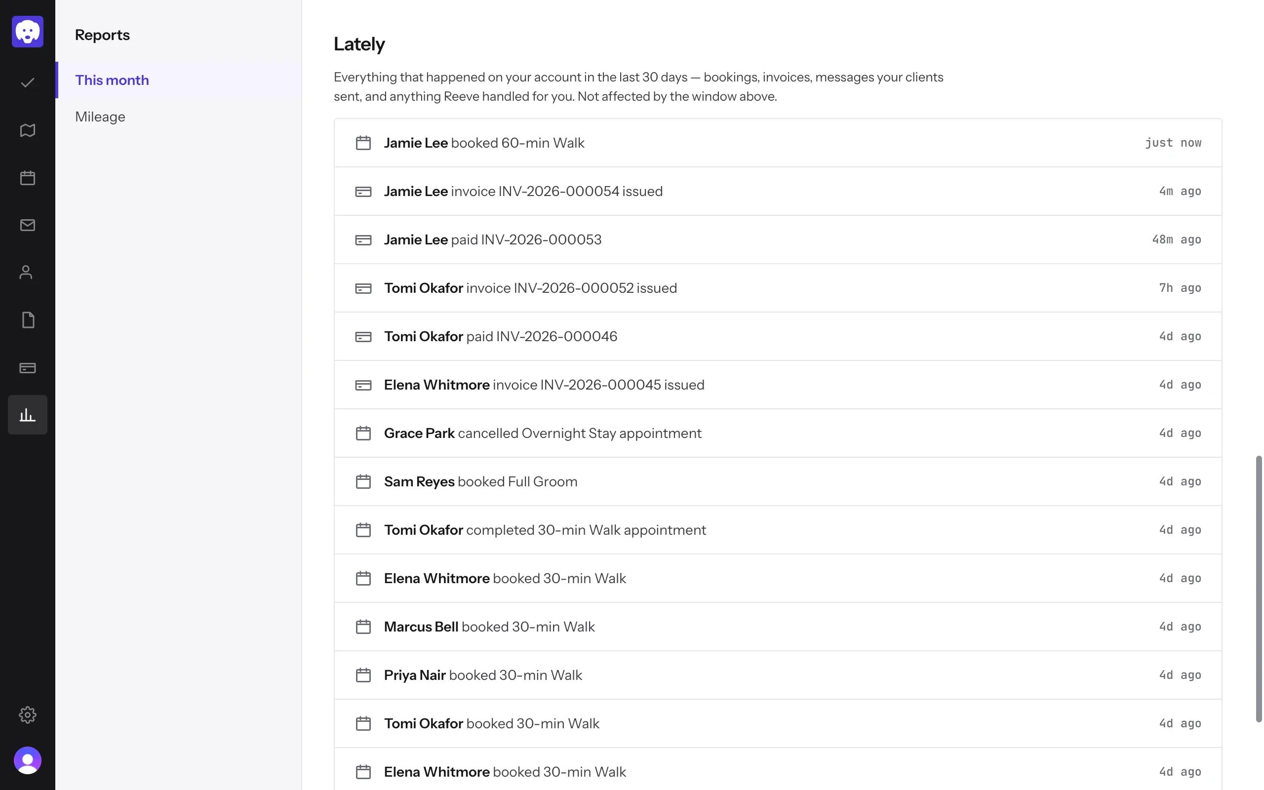 Lately: bookings, invoices issued and payments, each with how long ago it happened