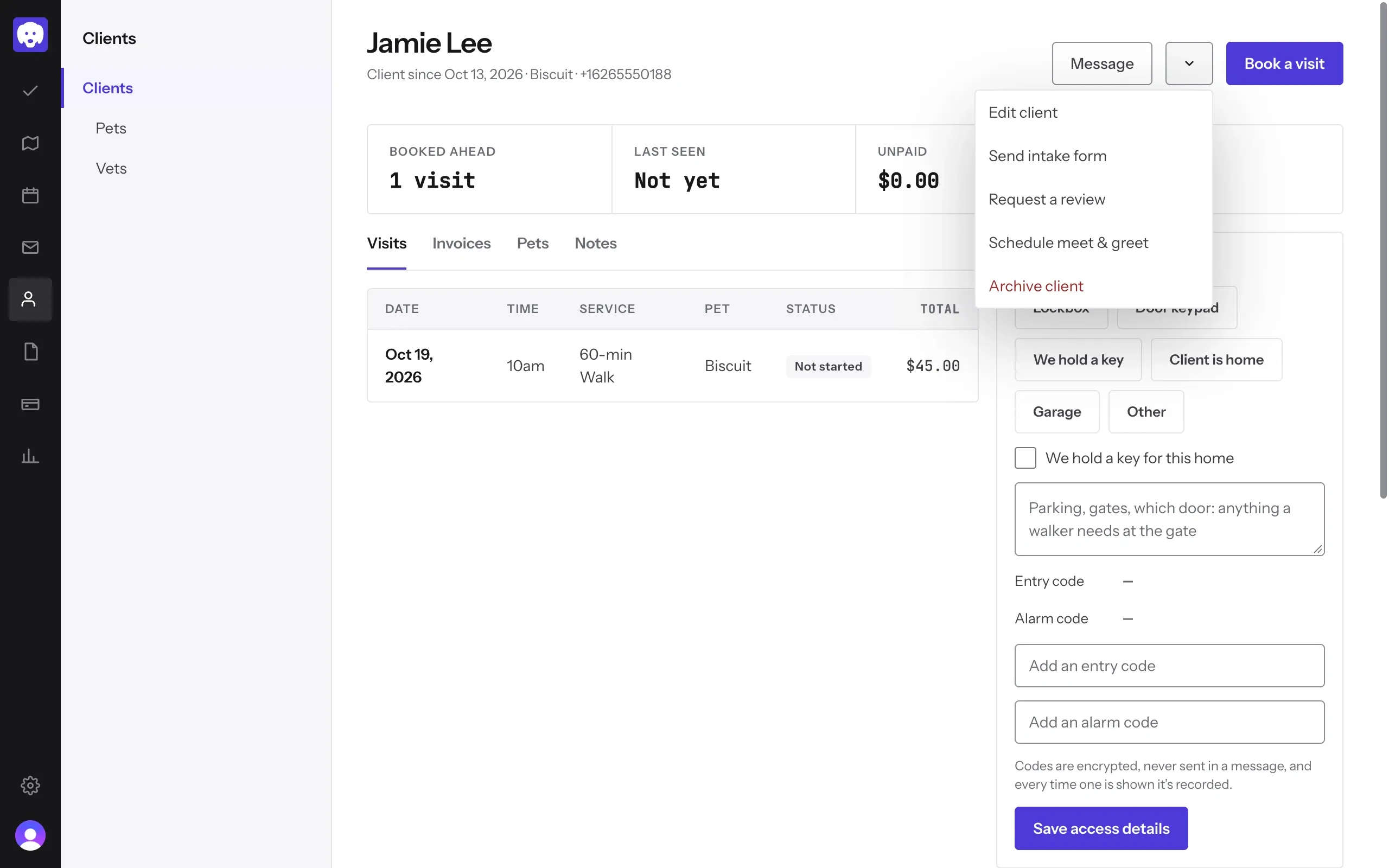 Jamie Lee’s client page with the menu open on Send intake form