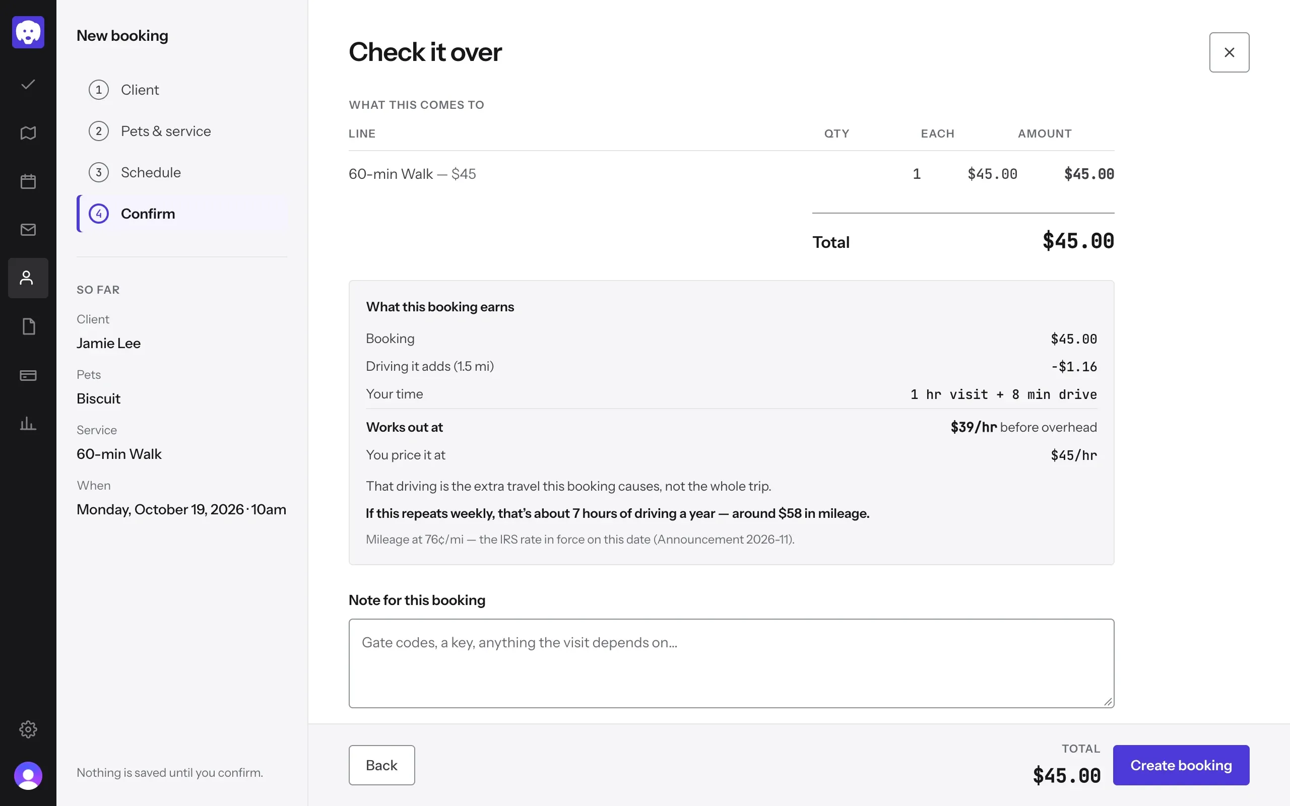 Check it over: the line total, what the booking earns, and Create booking
