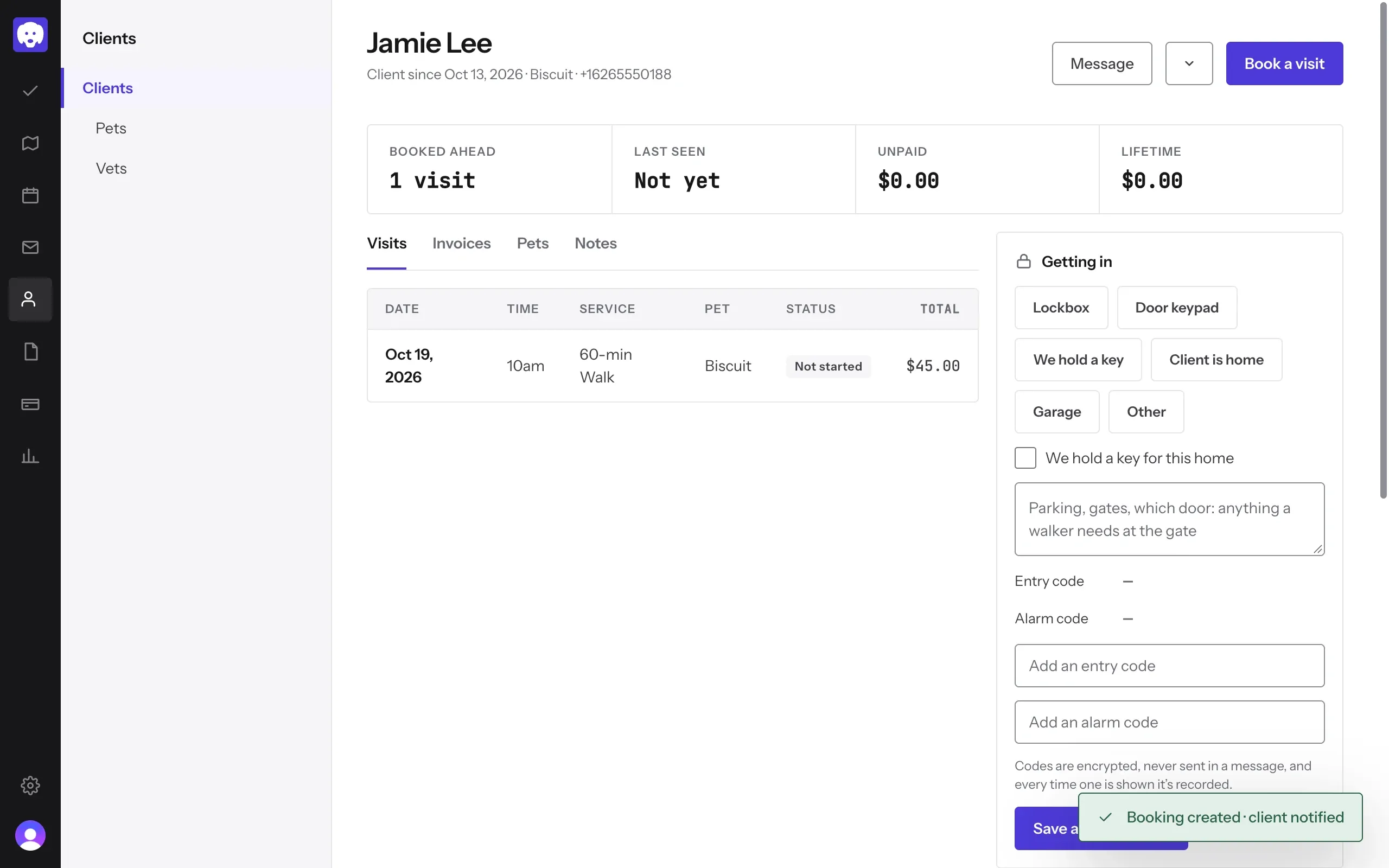 The client’s page with the new visit, and “Booking created · client notified”