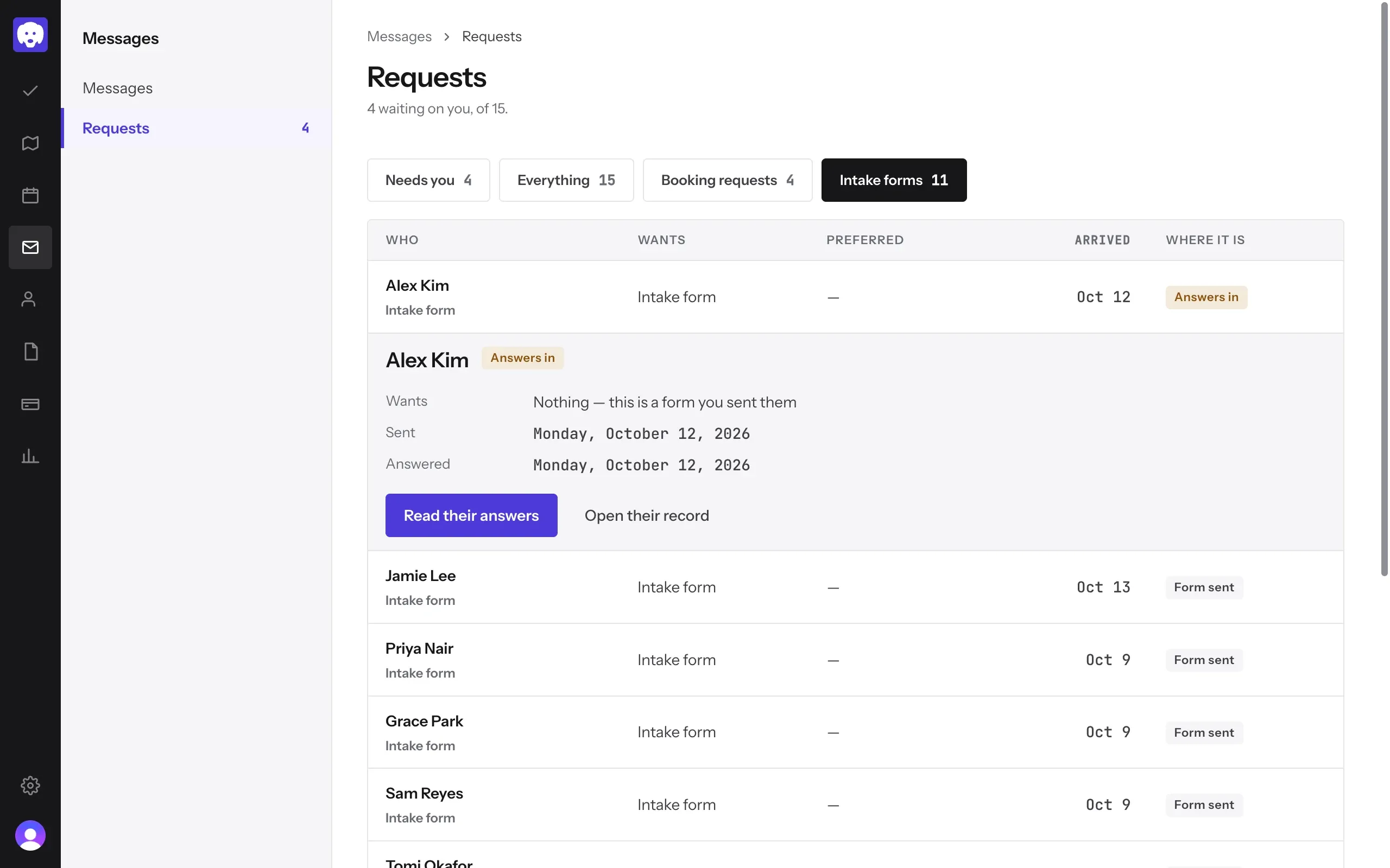 Requests filtered to Intake forms, with one form marked Answers in and opened