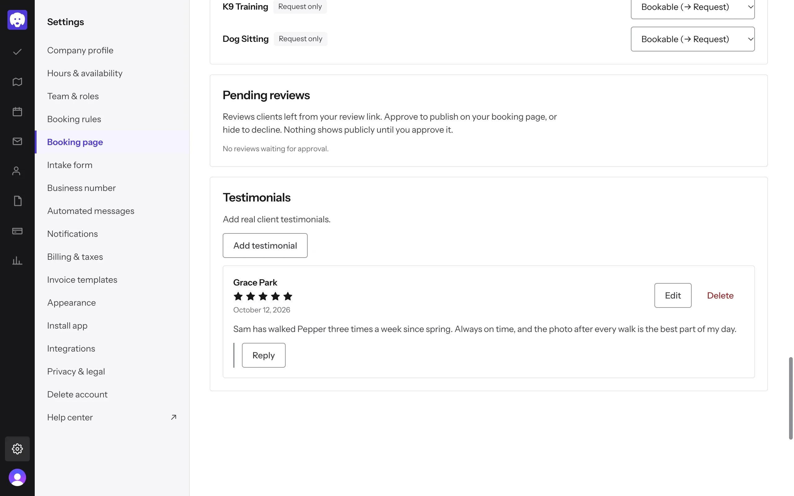 Testimonials with Grace Park’s approved review, and Edit, Delete and Reply buttons