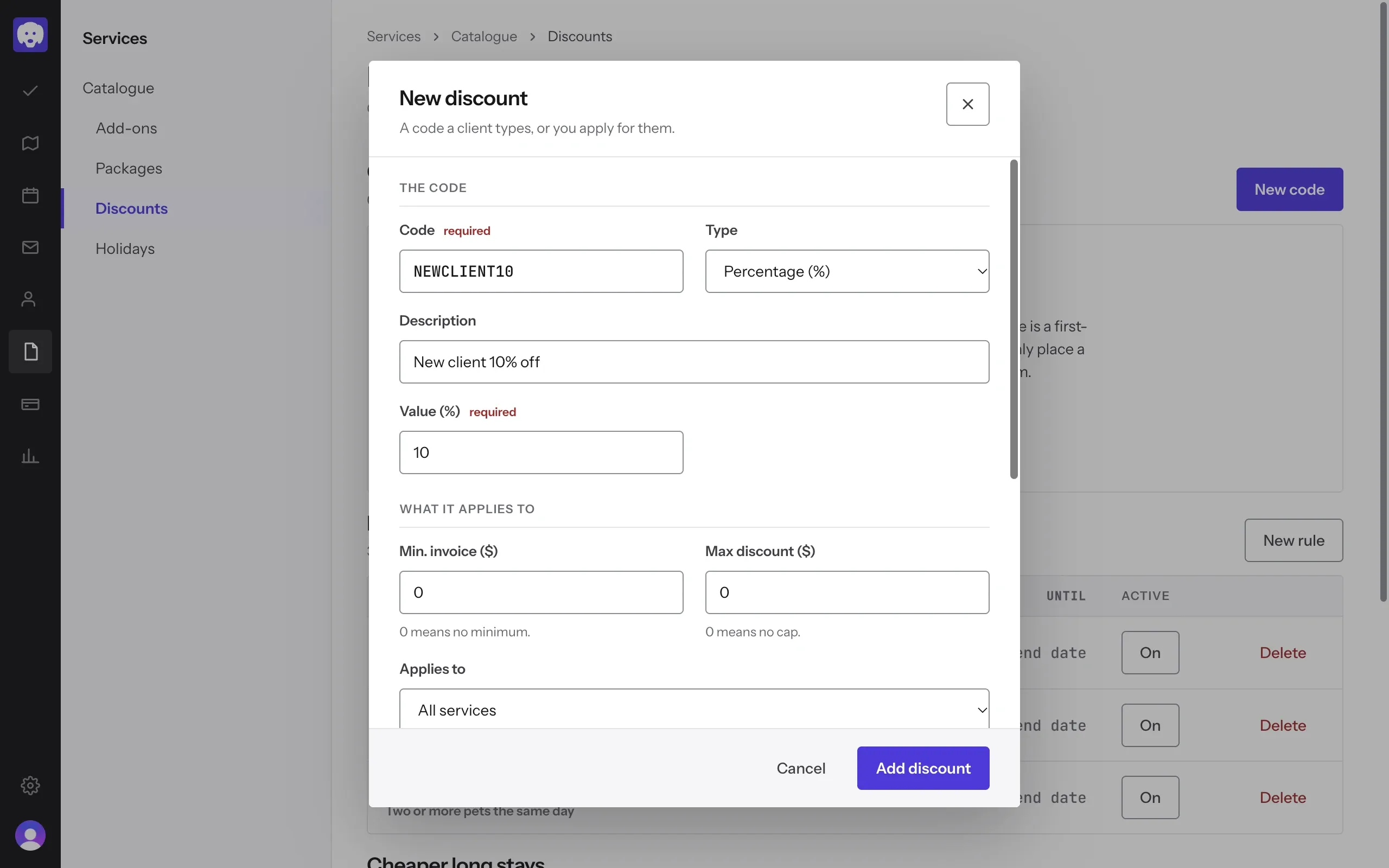 New discount: NEWCLIENT10, 10% off, described as New client 10% off