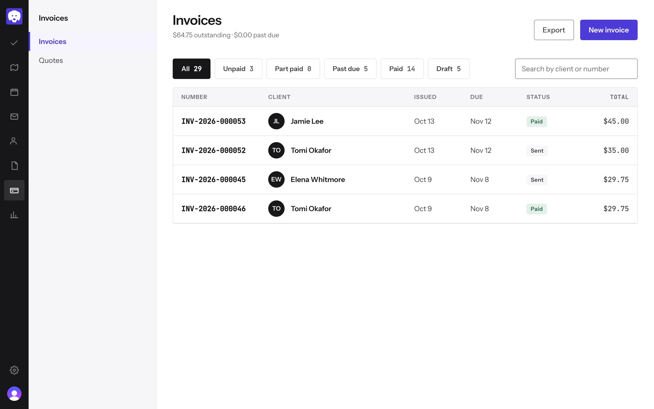 The invoice list with Jamie Lee’s invoice marked Paid