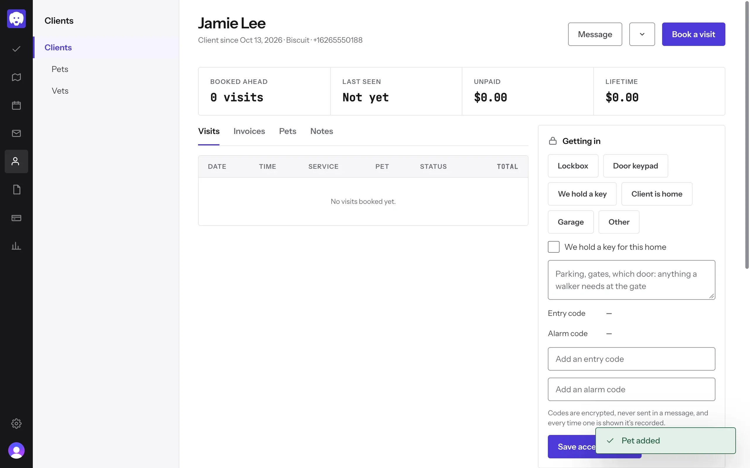 Jamie Lee’s client page, with the Pet added message