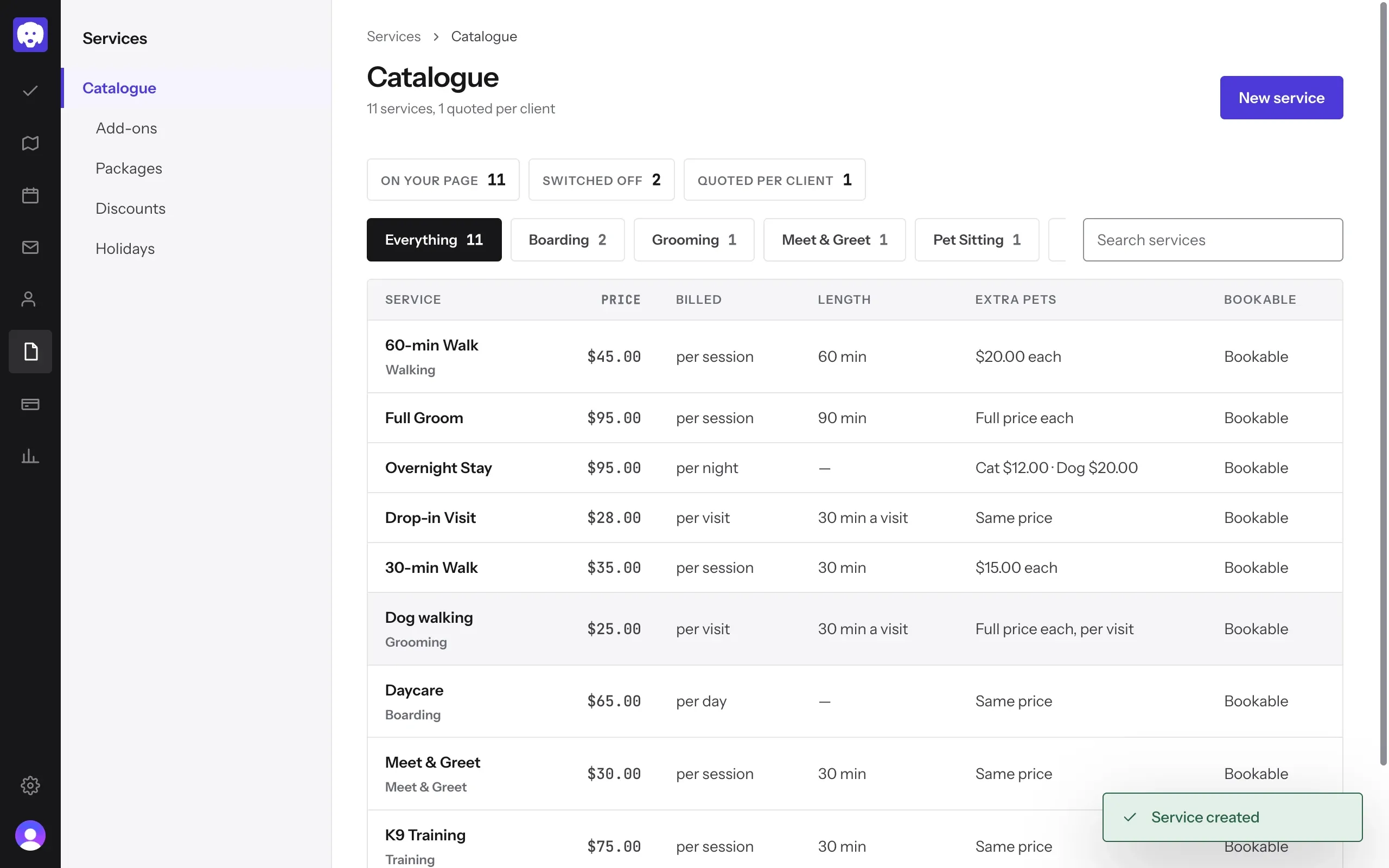 The new 60-min Walk at the top of the catalogue, with a Service created message