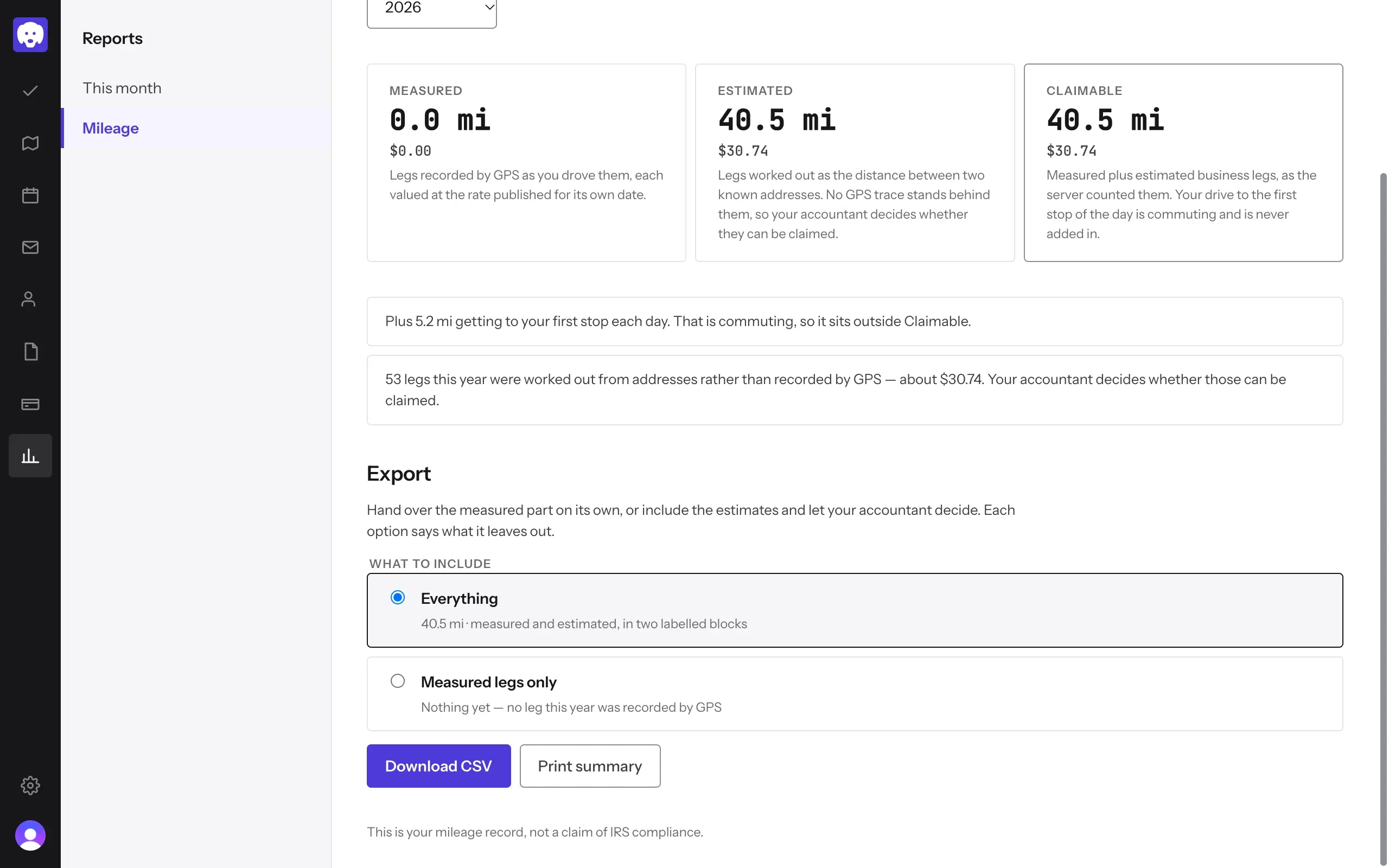 Export options: Everything or Measured legs only, with Download CSV and Print summary