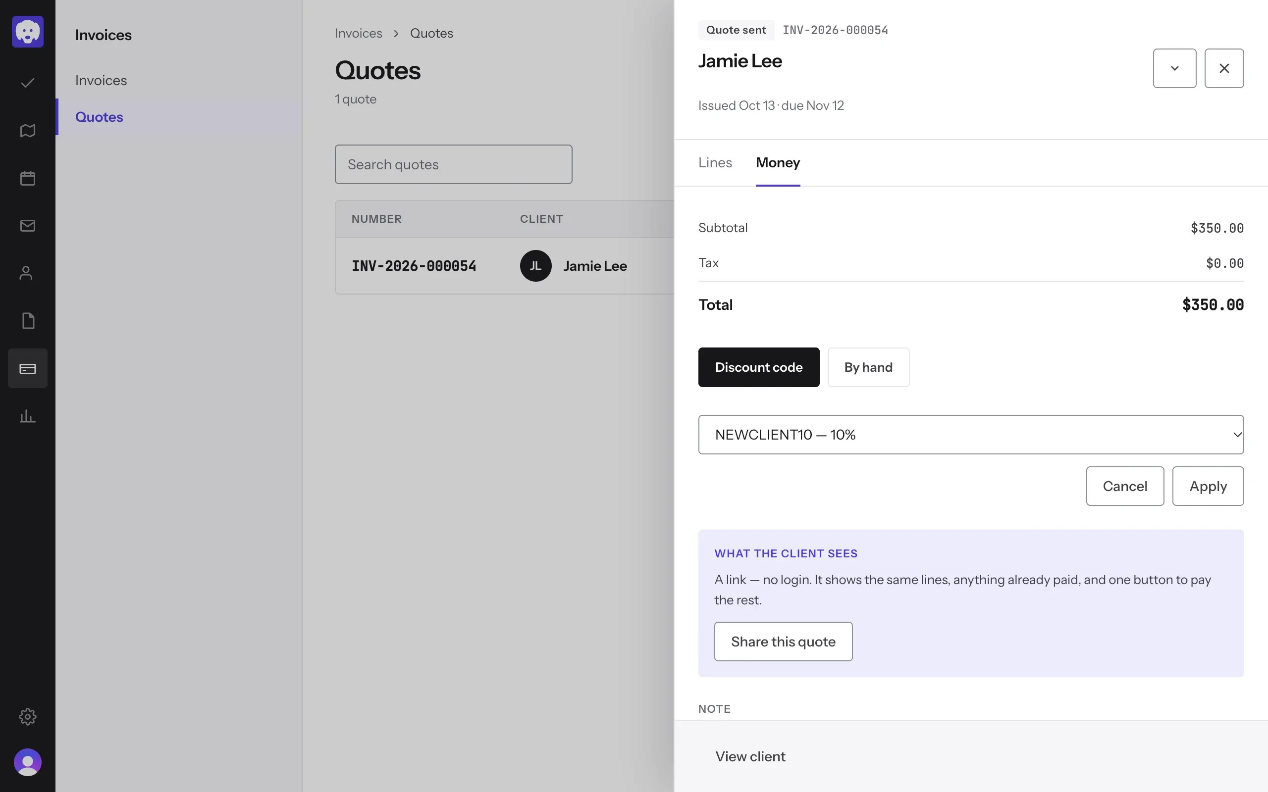 A quote’s Money tab with NEWCLIENT10 chosen and the Apply button